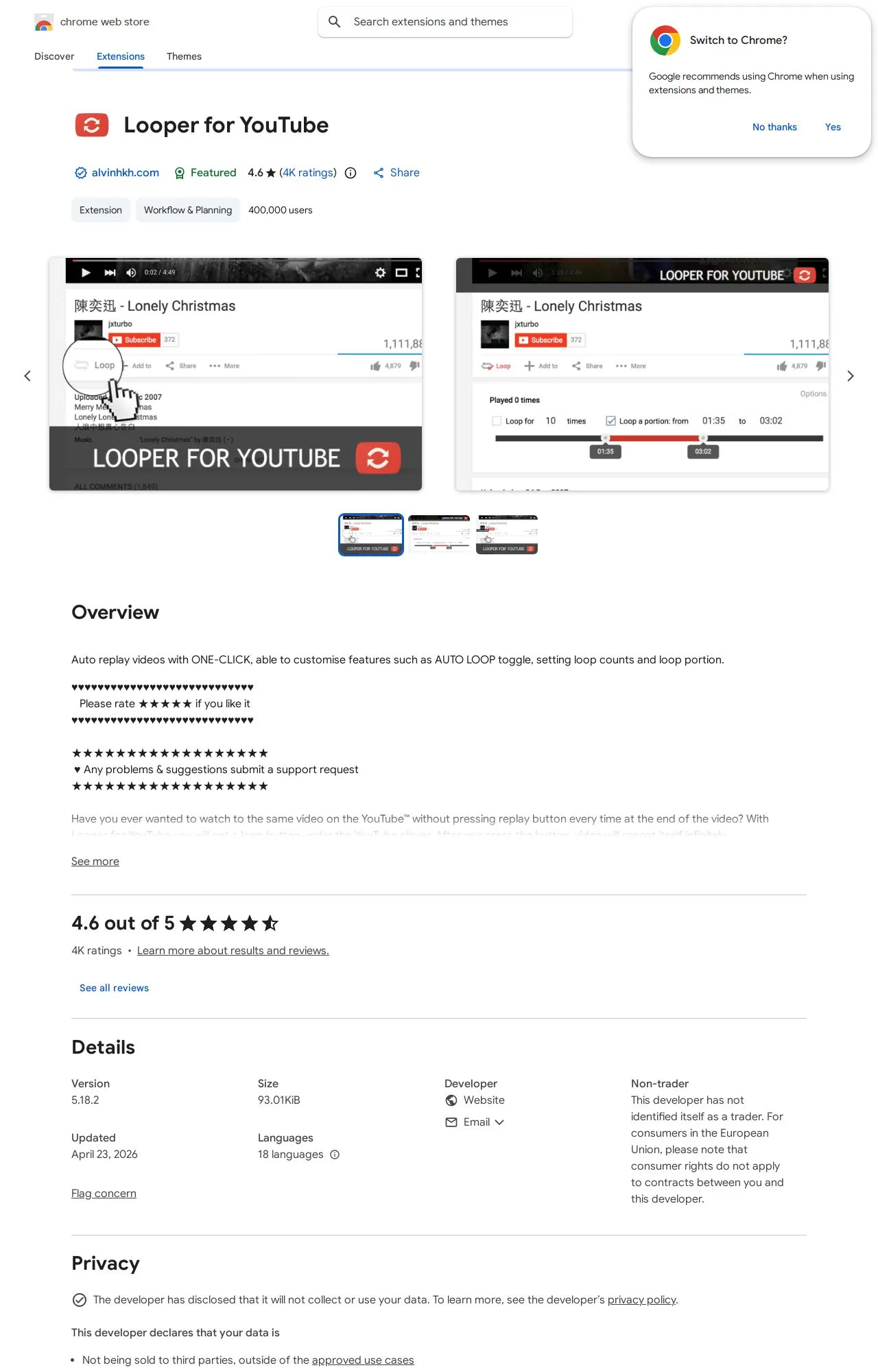 Looper for YouTube listing on the Chrome Web Store