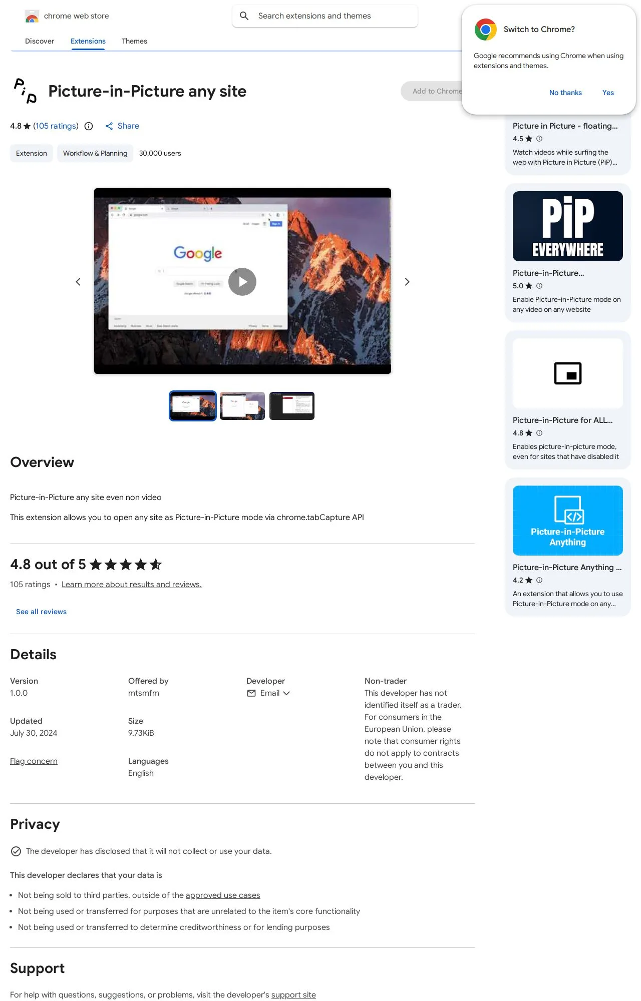 Picture-in-Picture any site listing on the Chrome Web Store