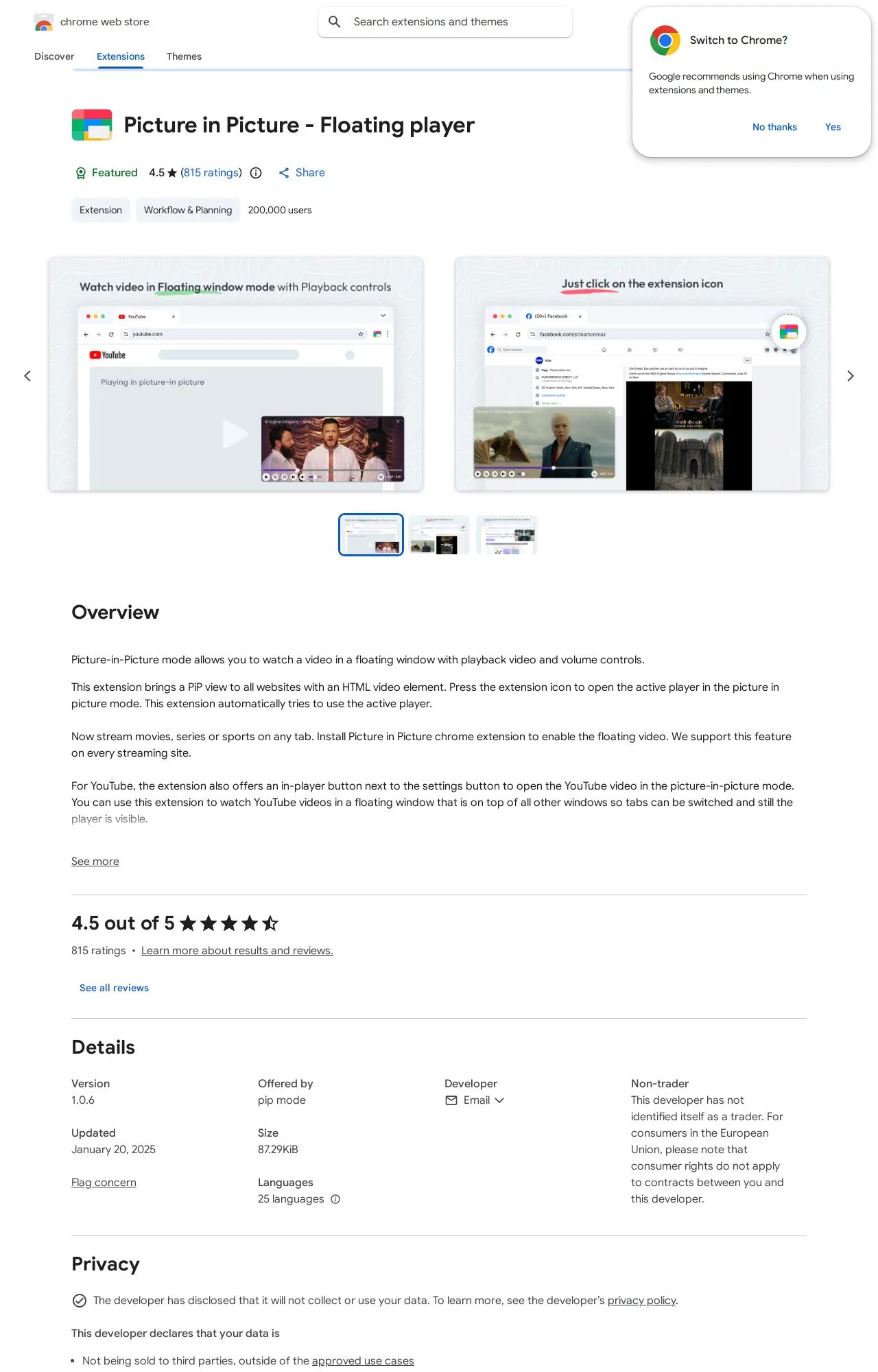 Picture in Picture - Floating player listing on the Chrome Web Store