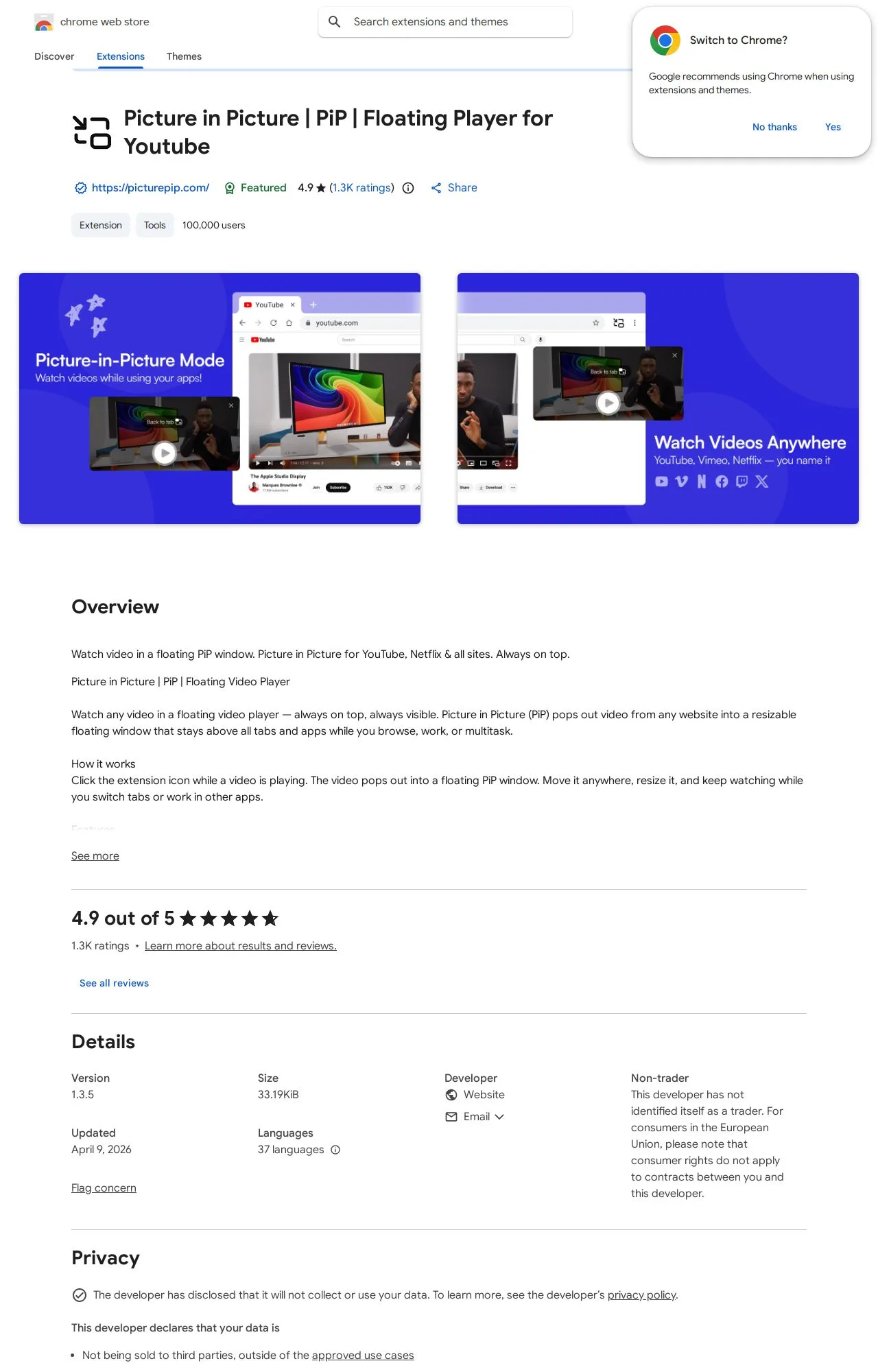 Picture in Picture | PiP | Floating Player for Youtube listing on the Chrome Web Store