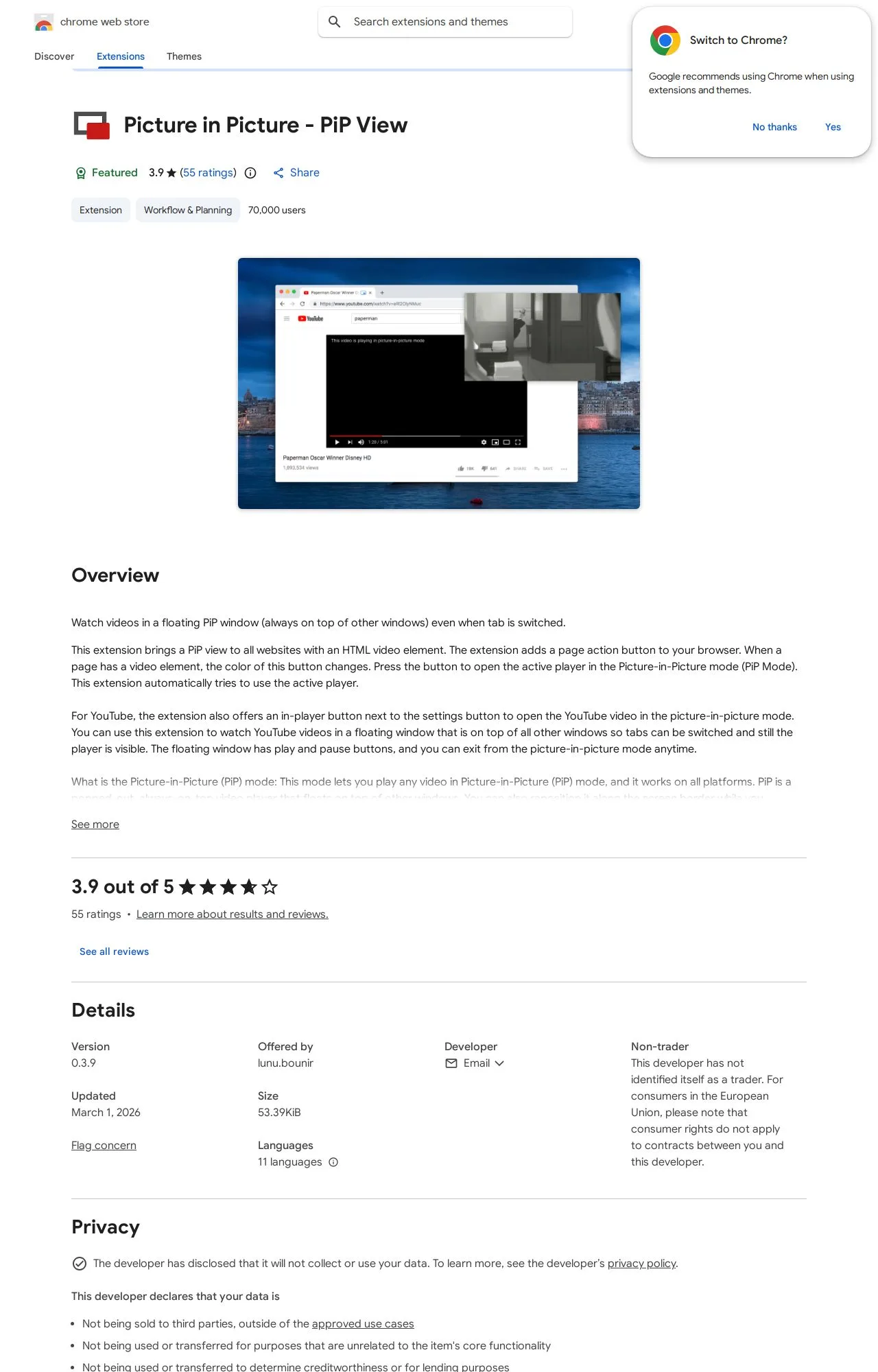 Picture in Picture - PiP View listing on the Chrome Web Store