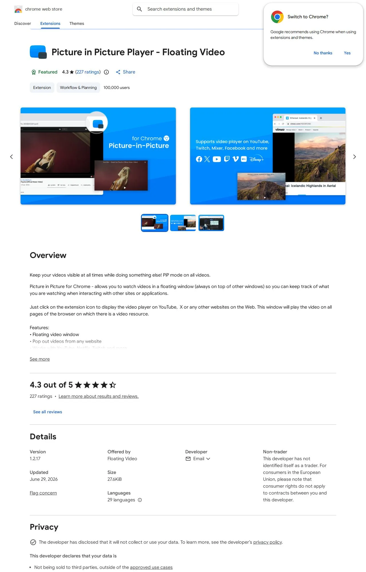 Picture in Picture Player - Floating Video listing on the Chrome Web Store