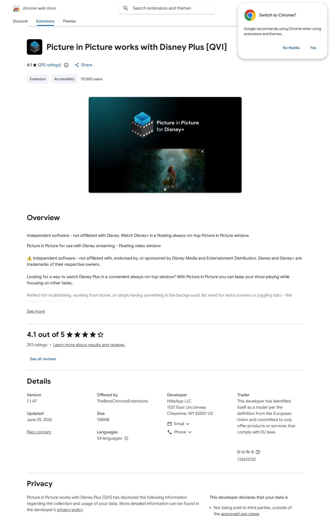 Picture in Picture works with Disney Plus [QVI] listing on the Chrome Web Store