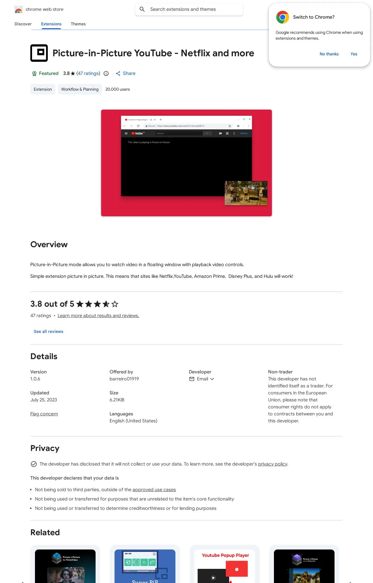 Picture-in-Picture YouTube - Netflix and more listing on the Chrome Web Store