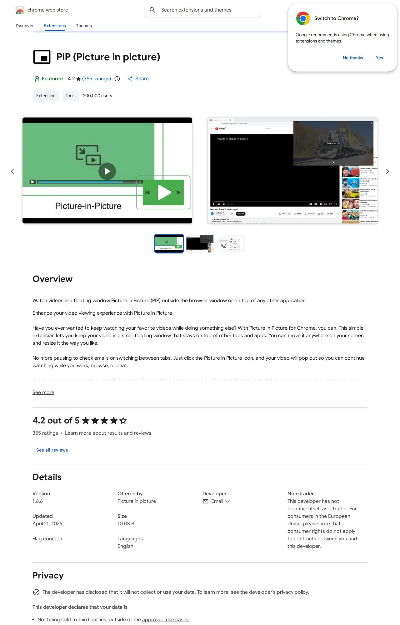 PiP (Picture in picture) listing on the Chrome Web Store