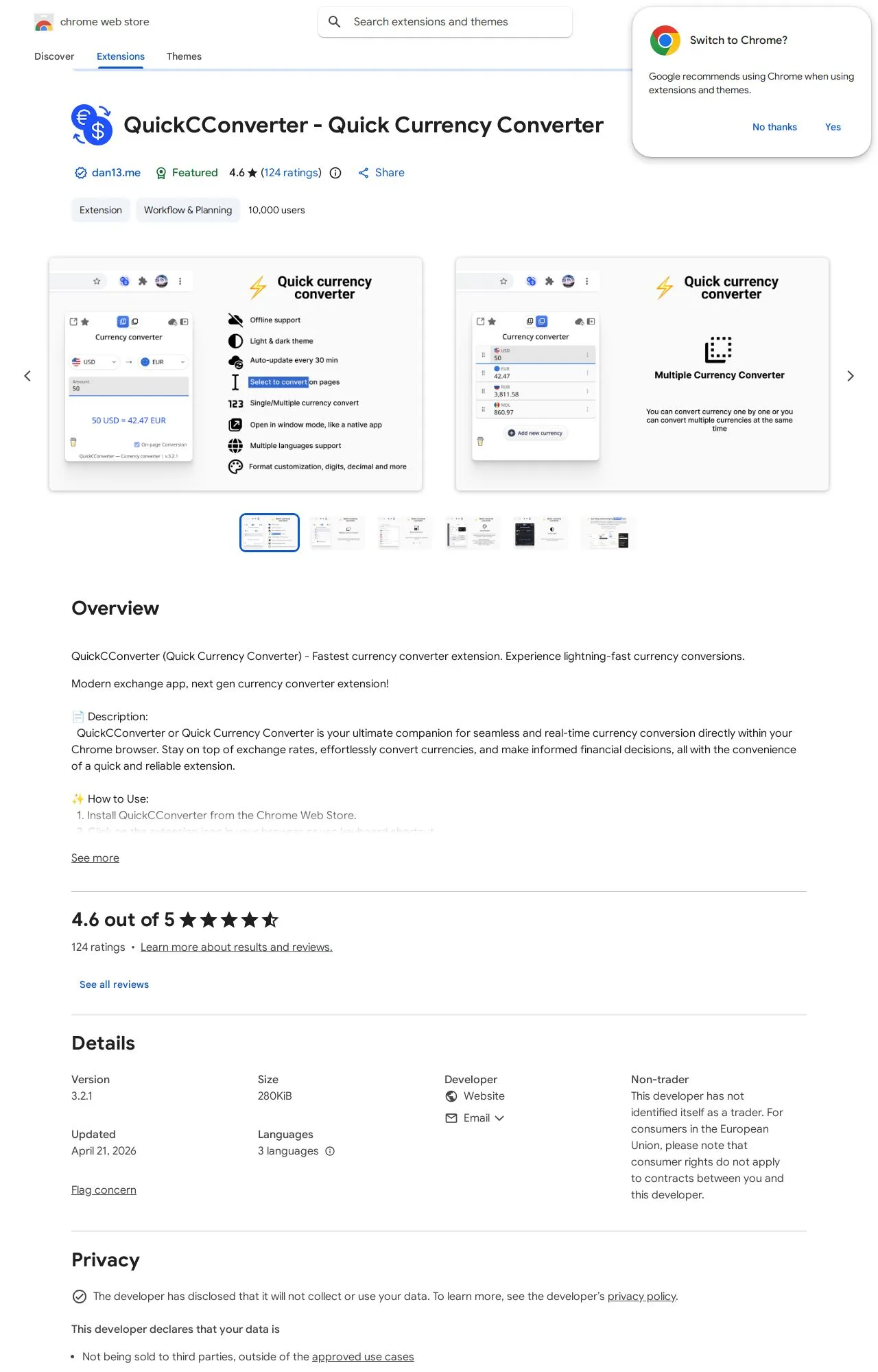QuickCConverter - Quick Currency Converter listing on the Chrome Web Store