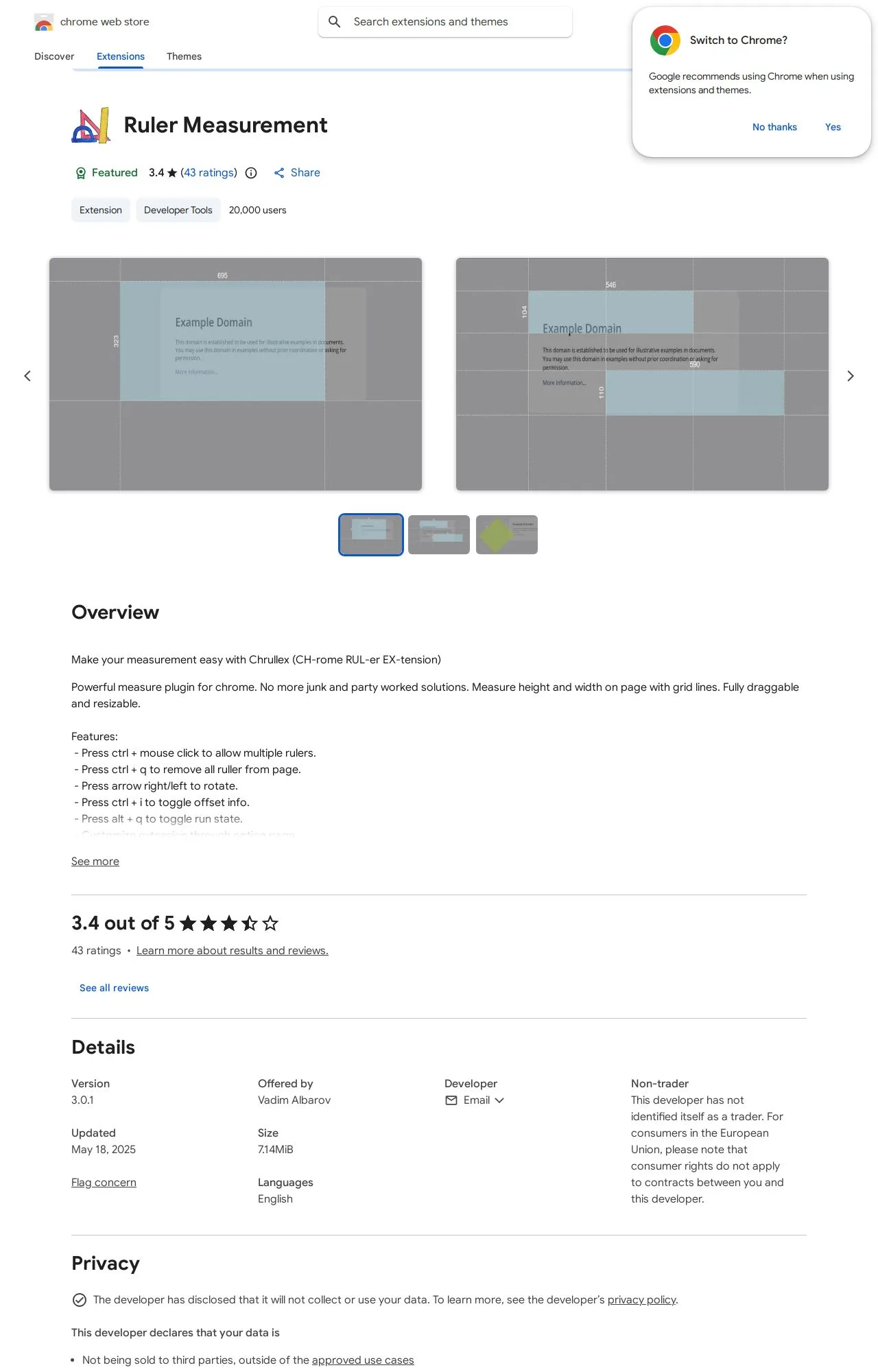 Ruler Measurement listing on the Chrome Web Store