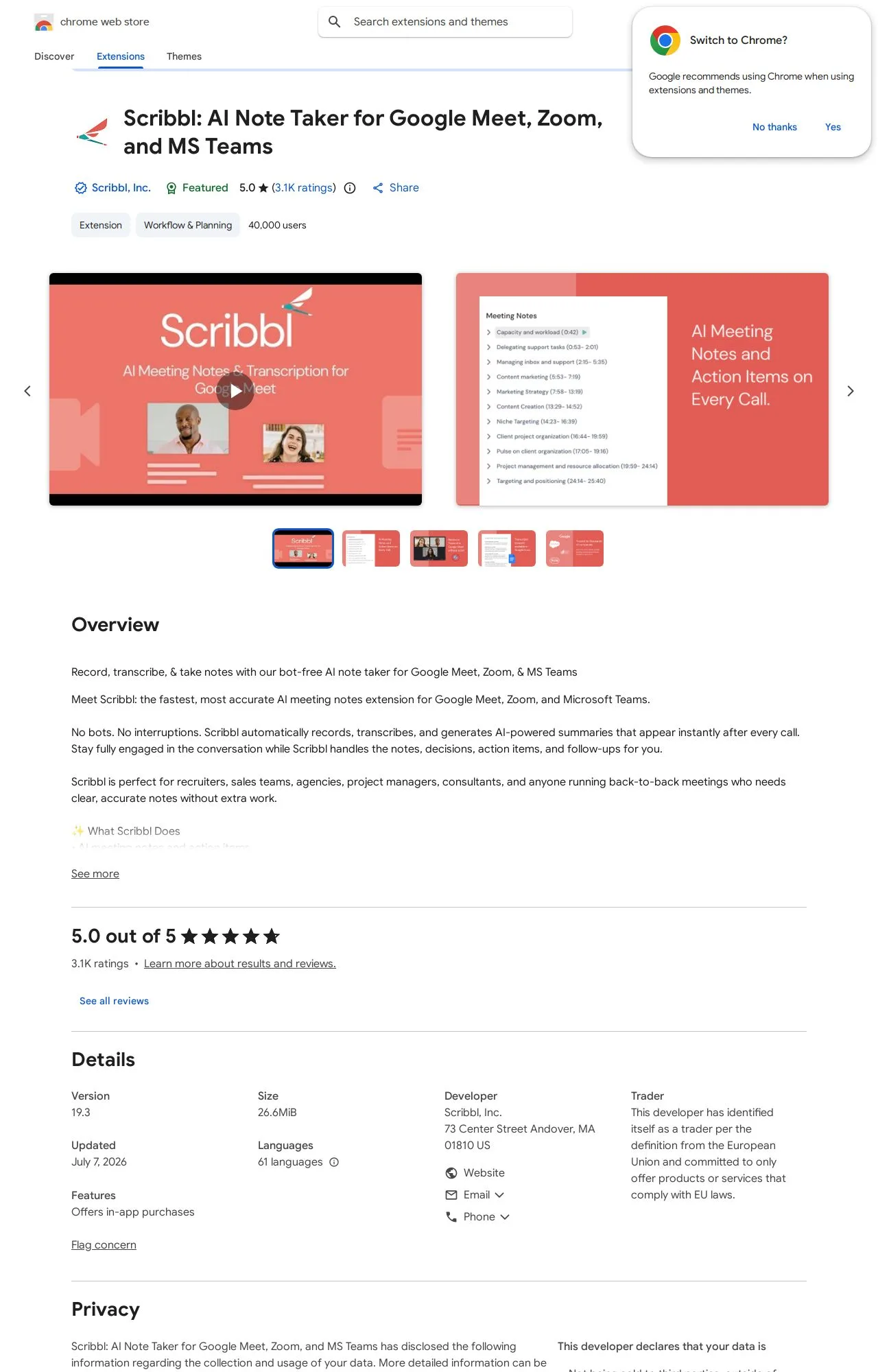 Scribbl: AI Note Taker for Google Meet, Zoom, and MS Teams listing on the Chrome Web Store
