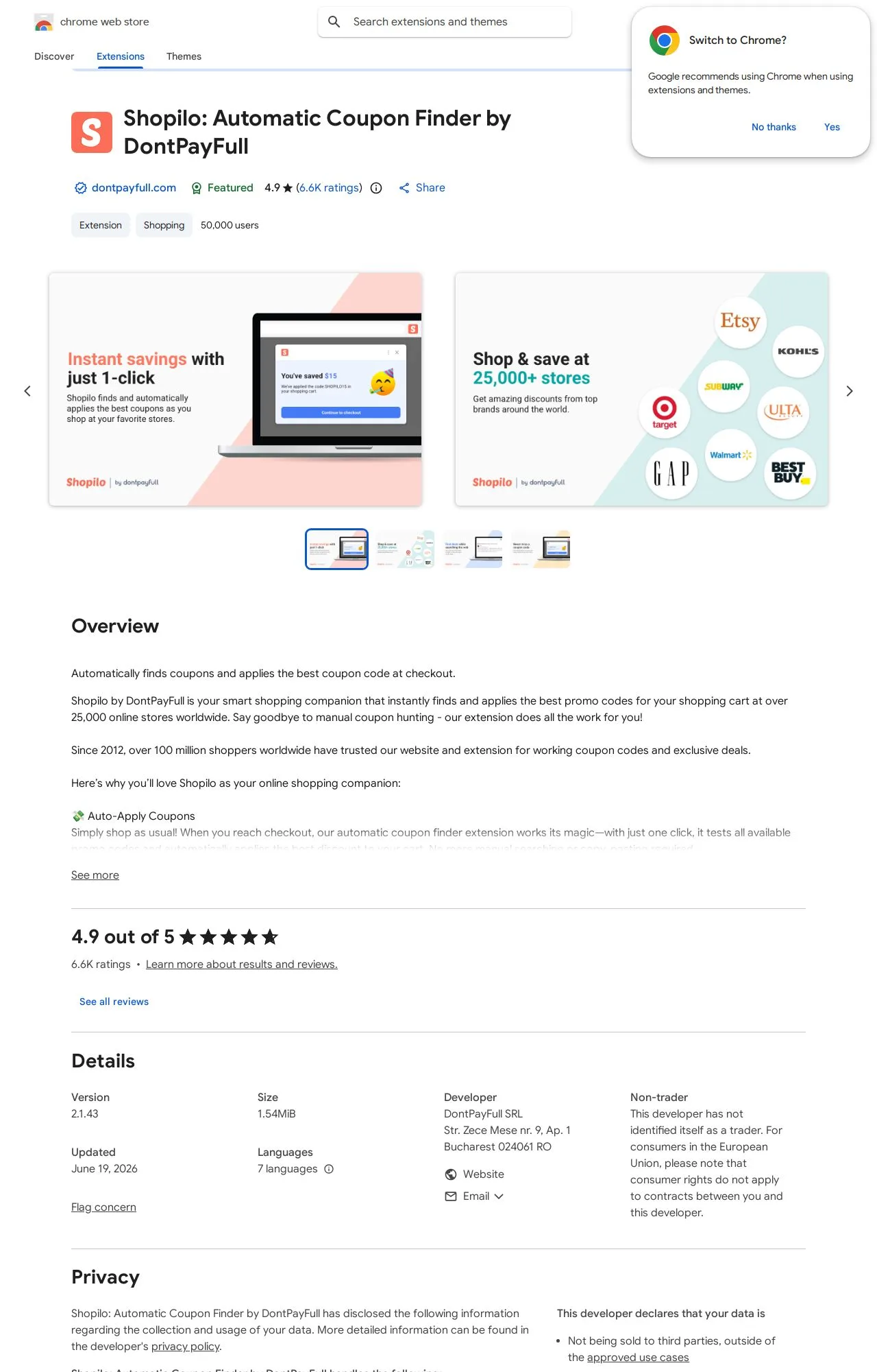 Shopilo: Automatic Coupon Finder by DontPayFull listing on the Chrome Web Store