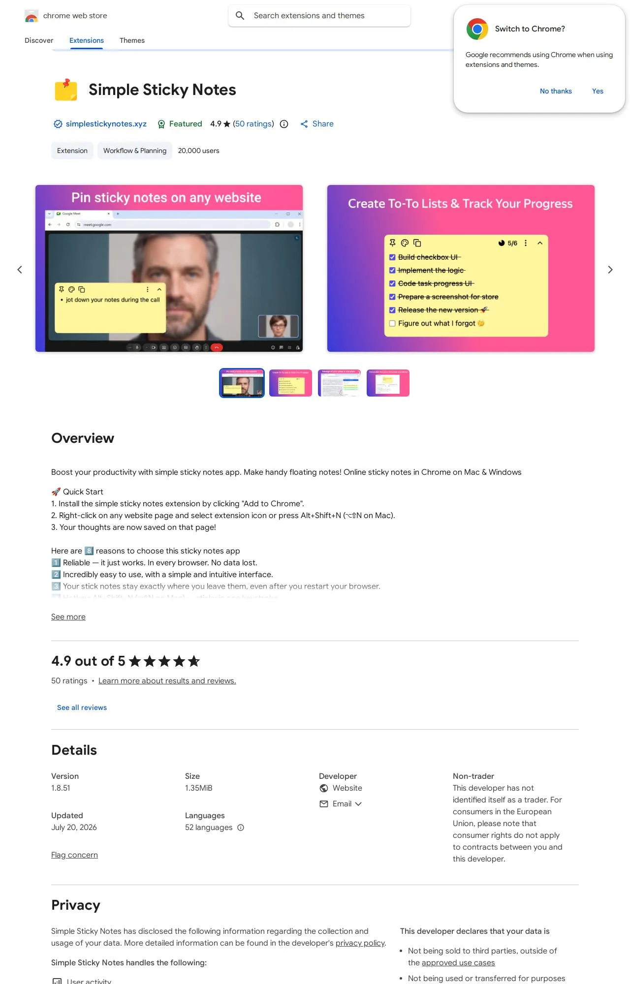 Simple Sticky Notes listing on the Chrome Web Store
