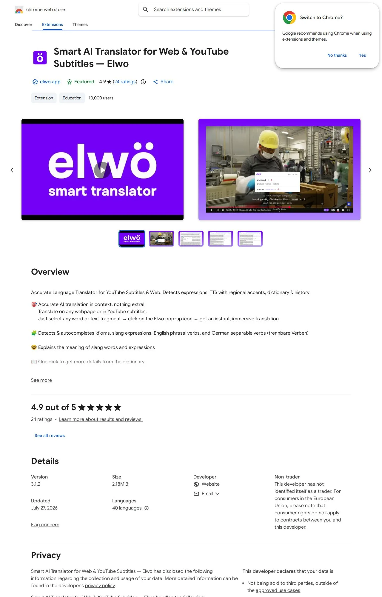 Smart AI Translator for Web & YouTube Subtitles — Elwo listing on the Chrome Web Store