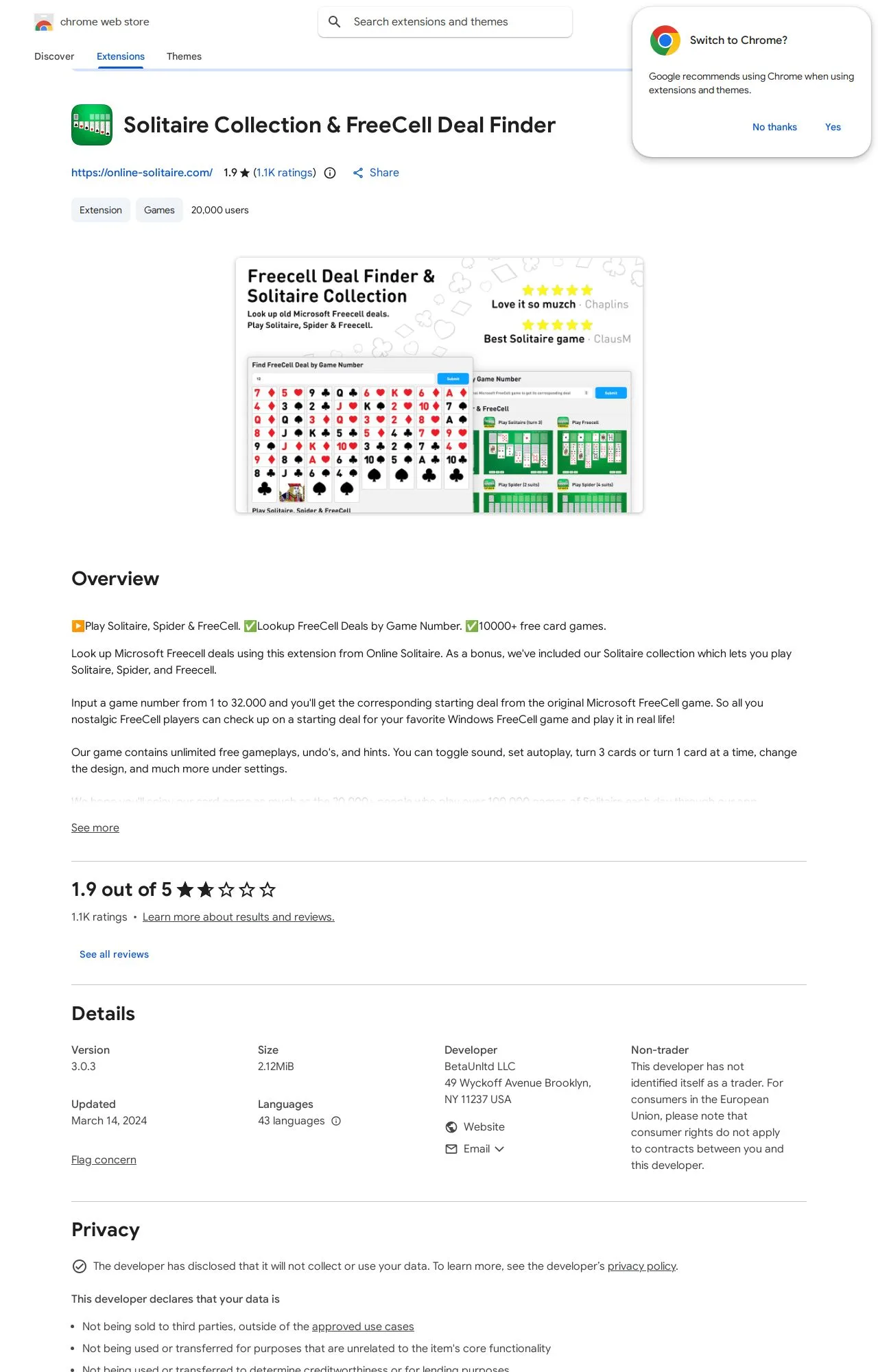 Solitaire Collection & FreeCell Deal Finder listing on the Chrome Web Store