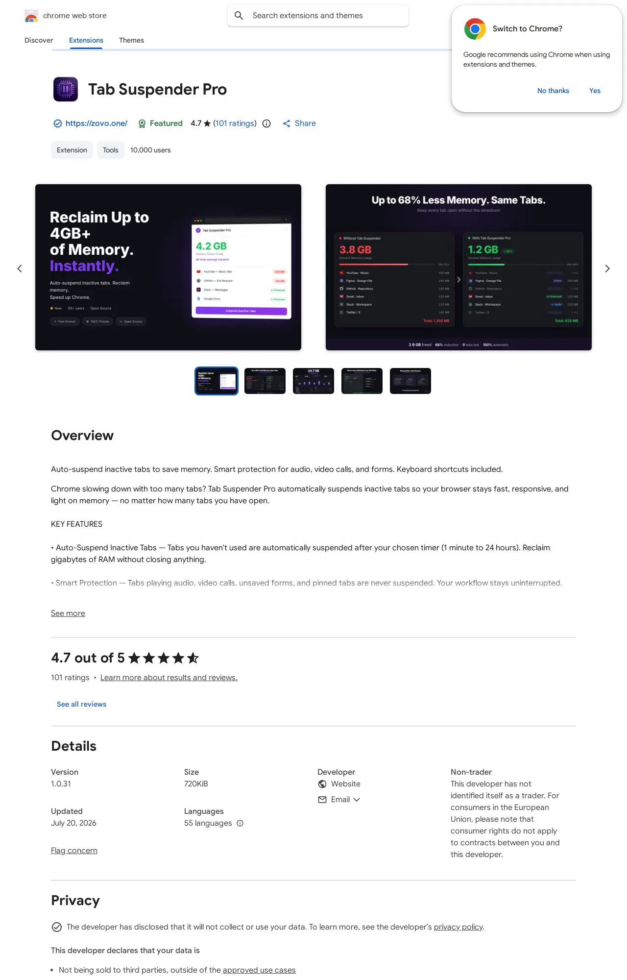 Tab Suspender Pro listing on the Chrome Web Store