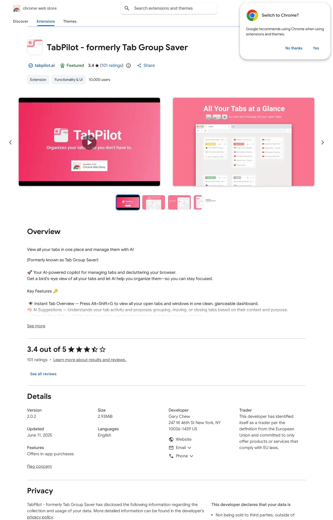 TabPilot - formerly Tab Group Saver listing on the Chrome Web Store