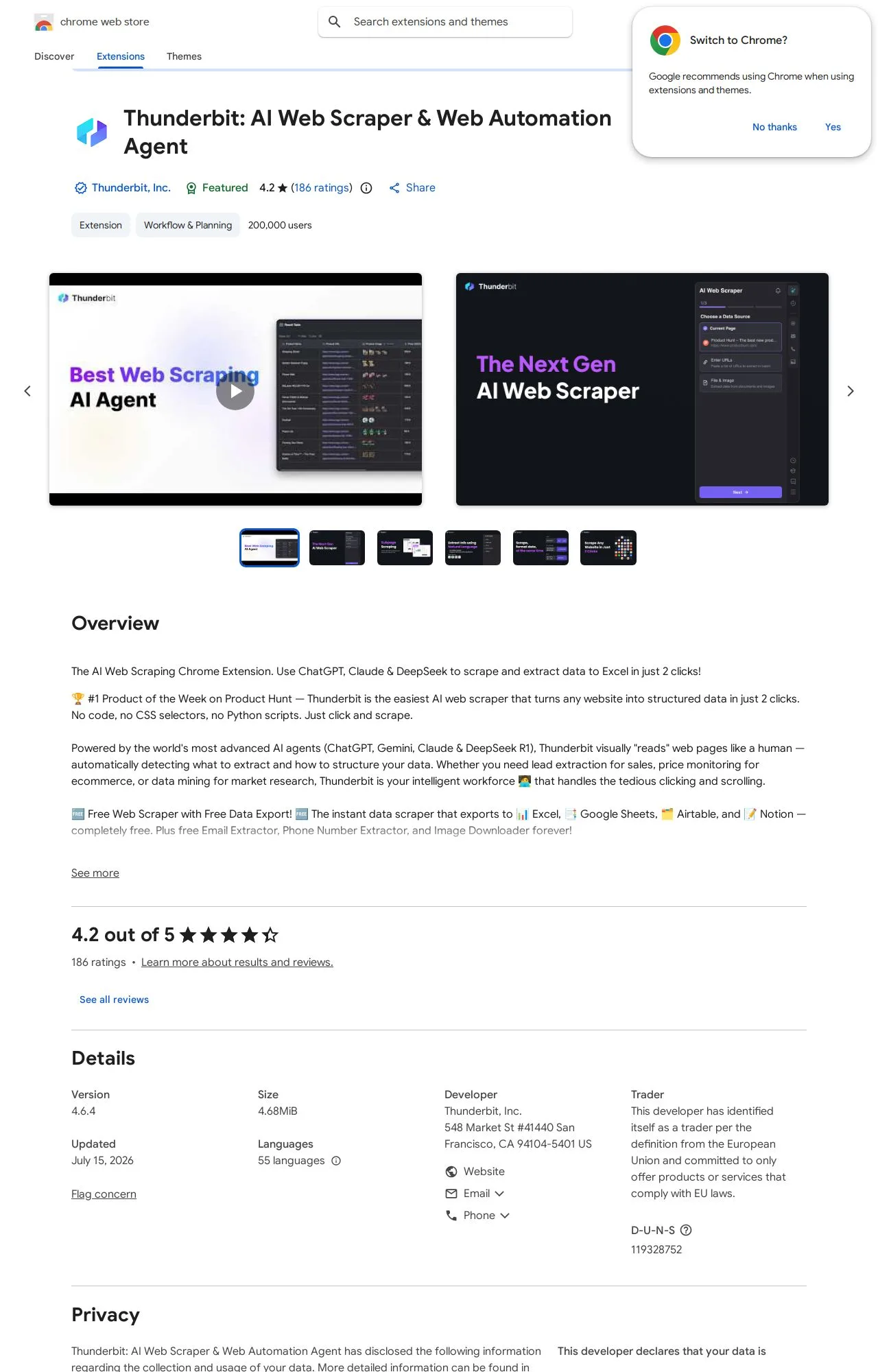 Thunderbit: AI Web Scraper & Web Automation Agent listing on the Chrome Web Store