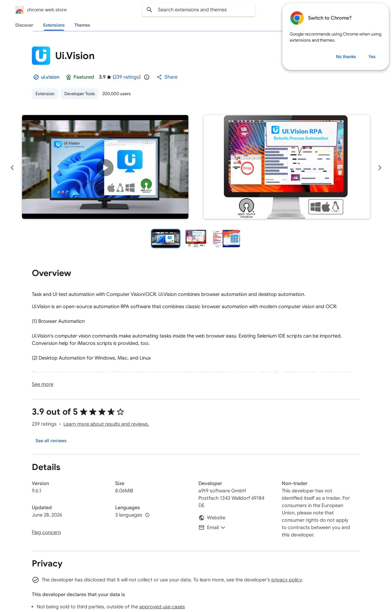 Ui.Vision listing on the Chrome Web Store