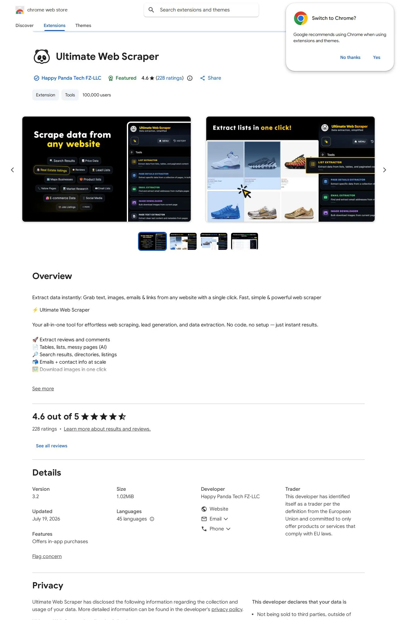 Ultimate Web Scraper listing on the Chrome Web Store