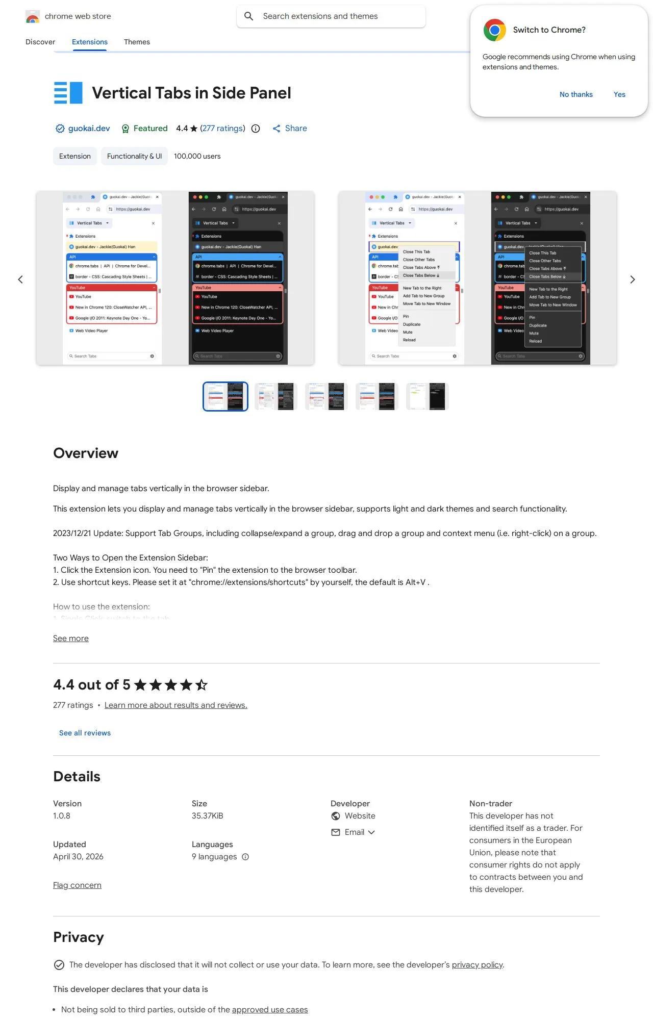 Vertical Tabs in Side Panel listing on the Chrome Web Store