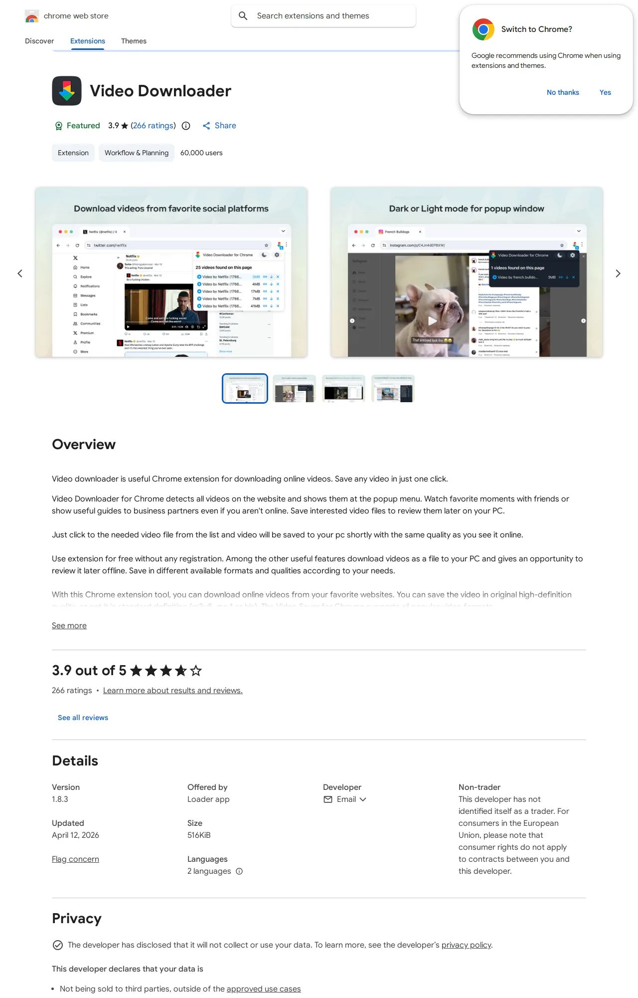 Video Downloader listing on the Chrome Web Store