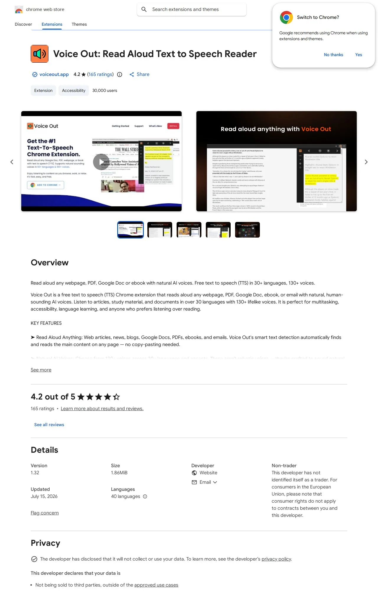 Voice Out: Read Aloud Text to Speech Reader listing on the Chrome Web Store