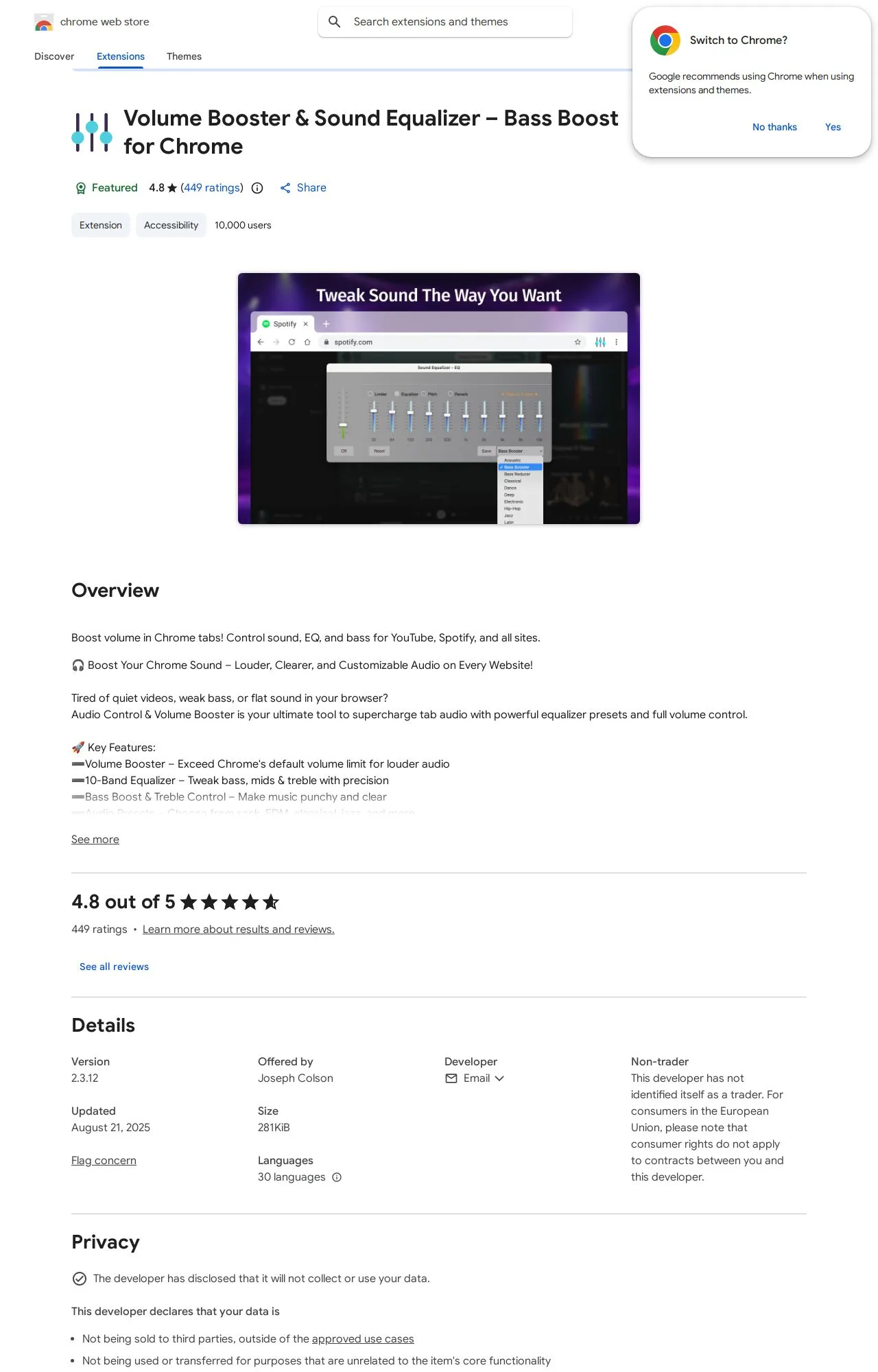 Volume Booster & Sound Equalizer – Bass Boost for Chrome listing on the Chrome Web Store