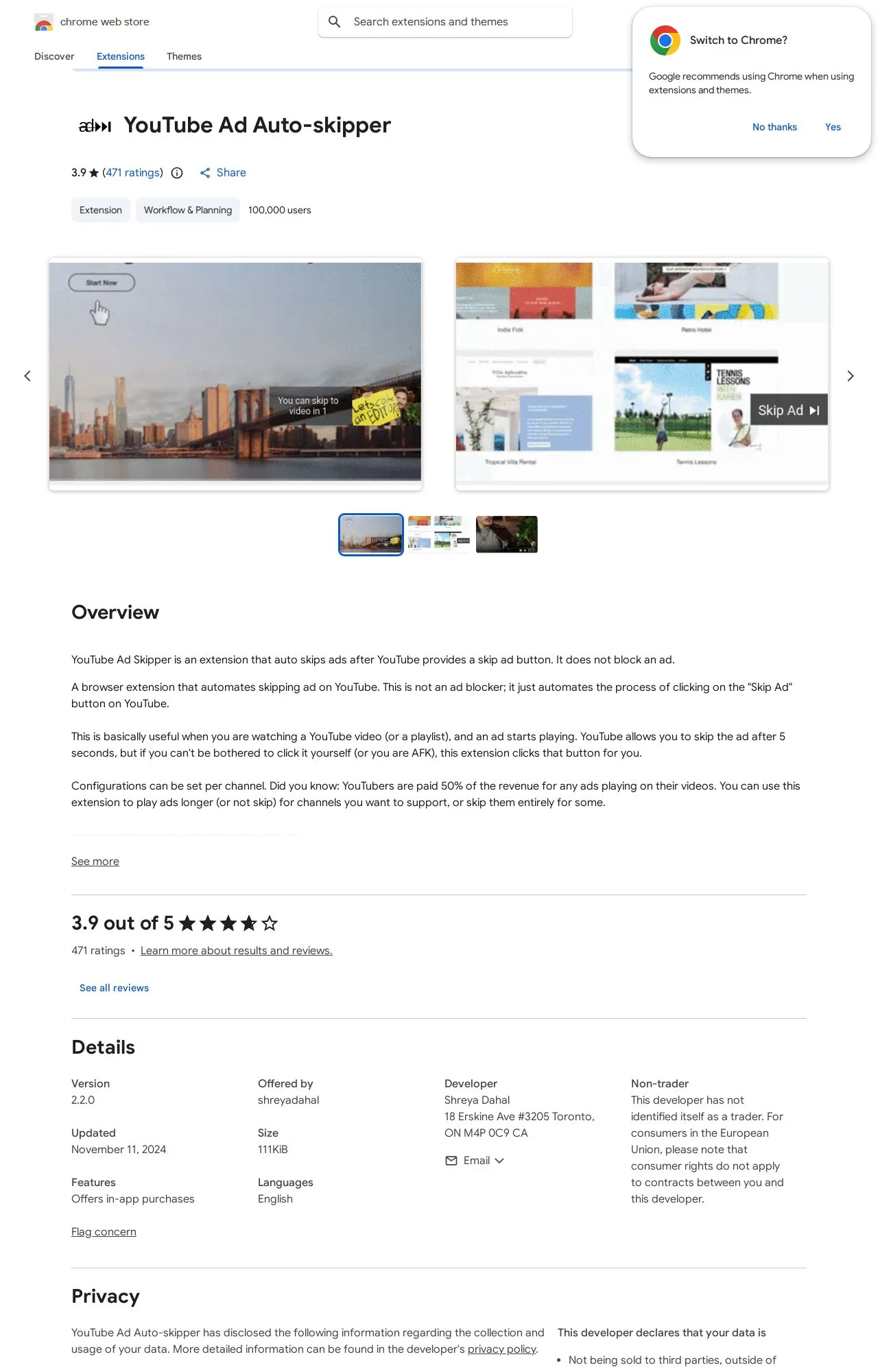 YouTube Ad Auto-skipper listing on the Chrome Web Store