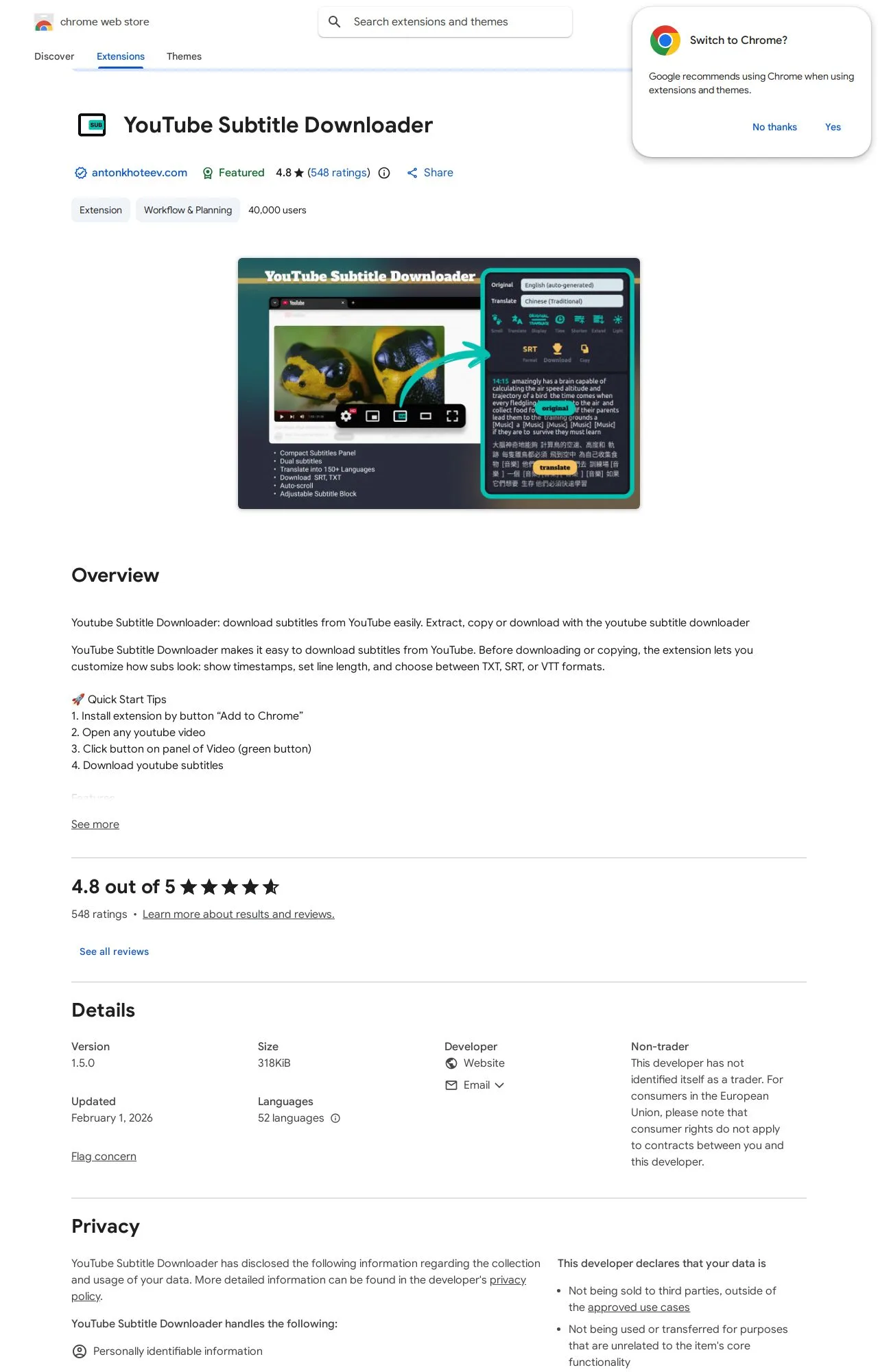 YouTube Subtitle Downloader listing on the Chrome Web Store