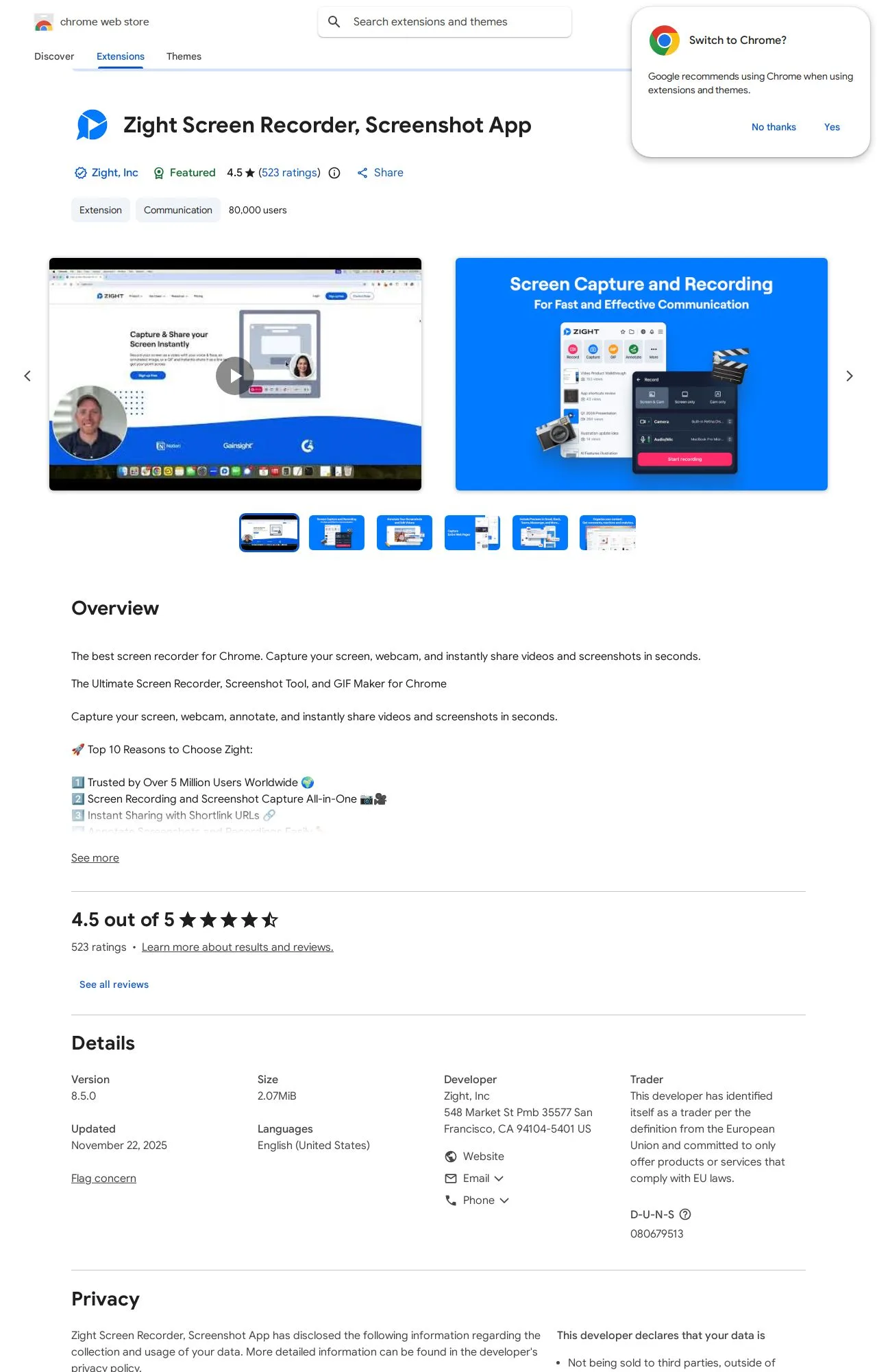 Zight Screen Recorder, Screenshot App listing on the Chrome Web Store