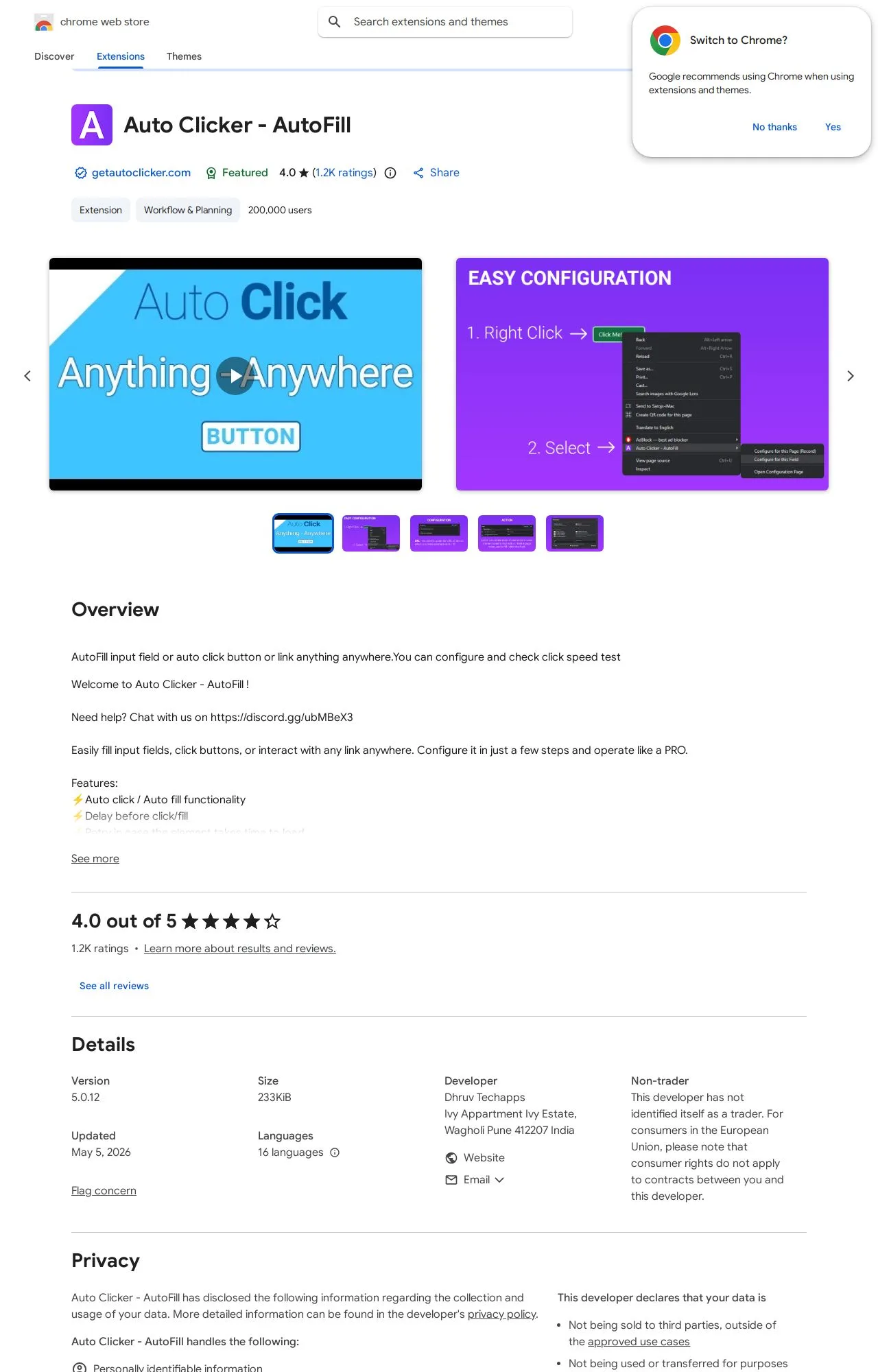 Auto Clicker - AutoFill listing on the Chrome Web Store