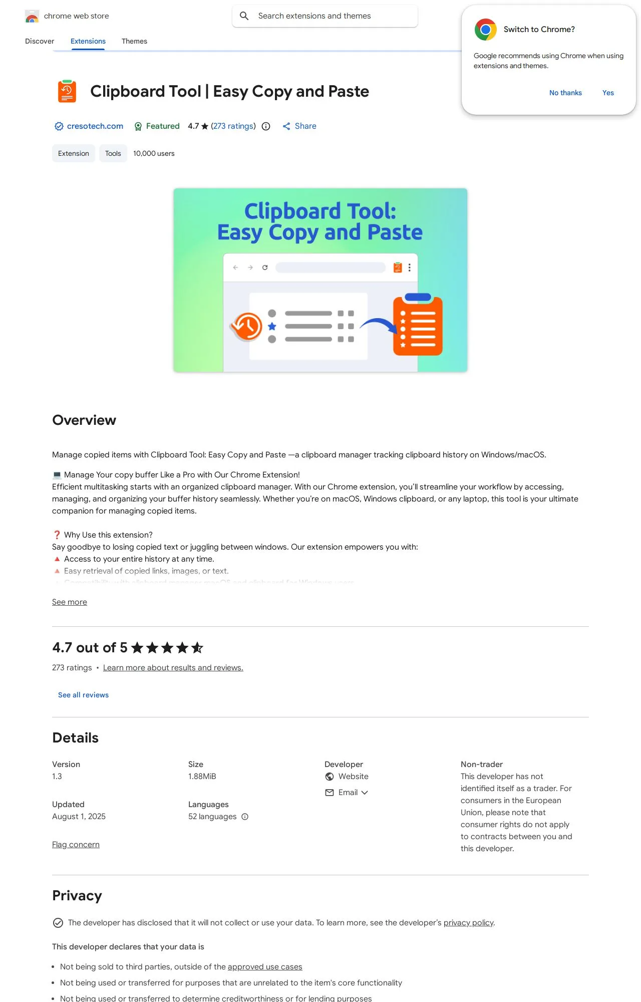 Clipboard Tool | Easy Copy and Paste listing on the Chrome Web Store