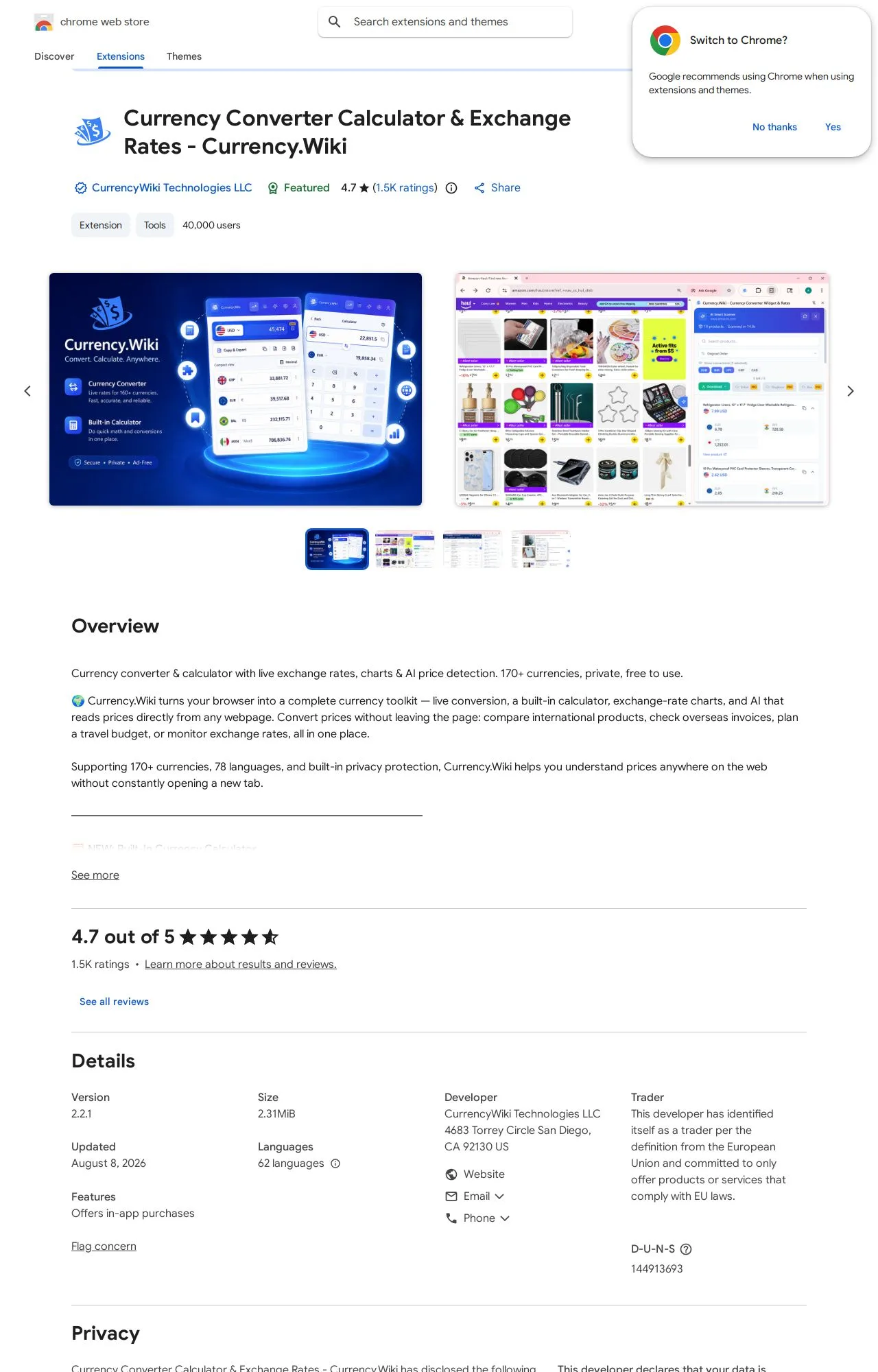 Currency Converter Calculator & Exchange Rates - Currency.Wiki listing on the Chrome Web Store