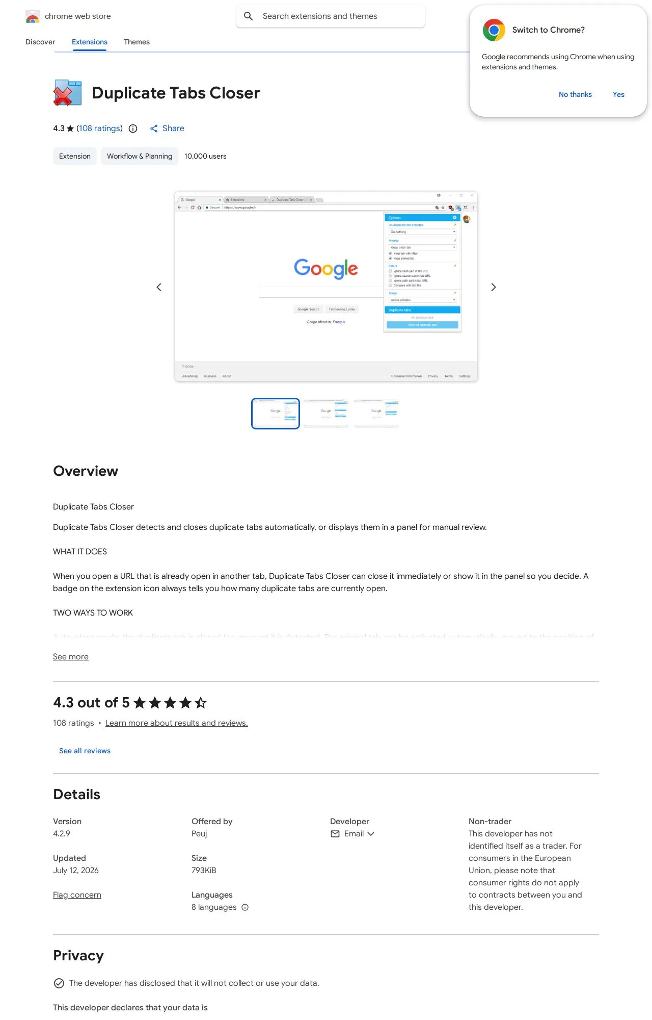 Duplicate Tabs Closer listing on the Chrome Web Store