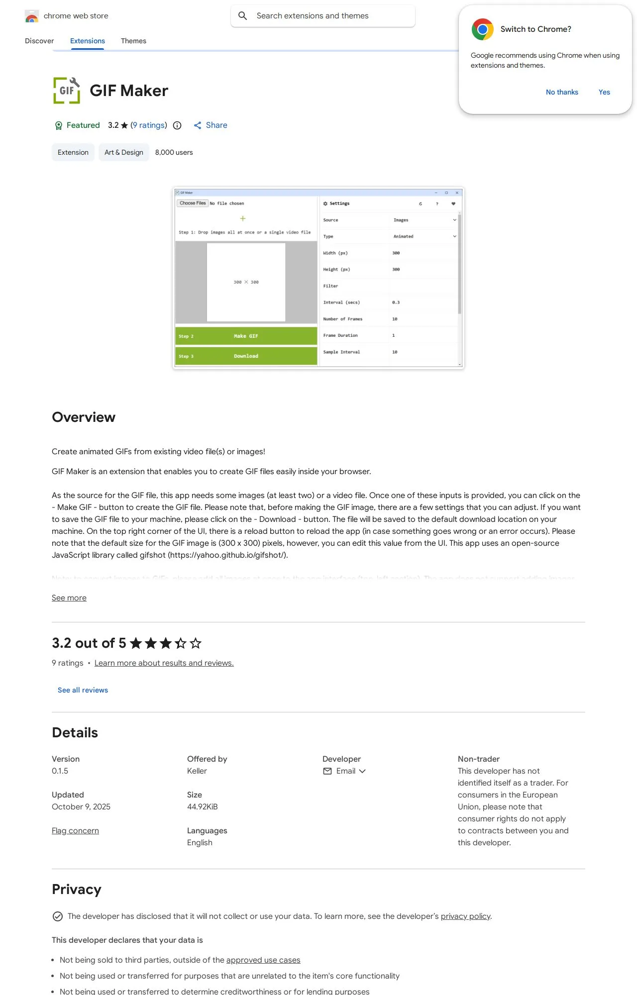 GIF Maker listing on the Chrome Web Store