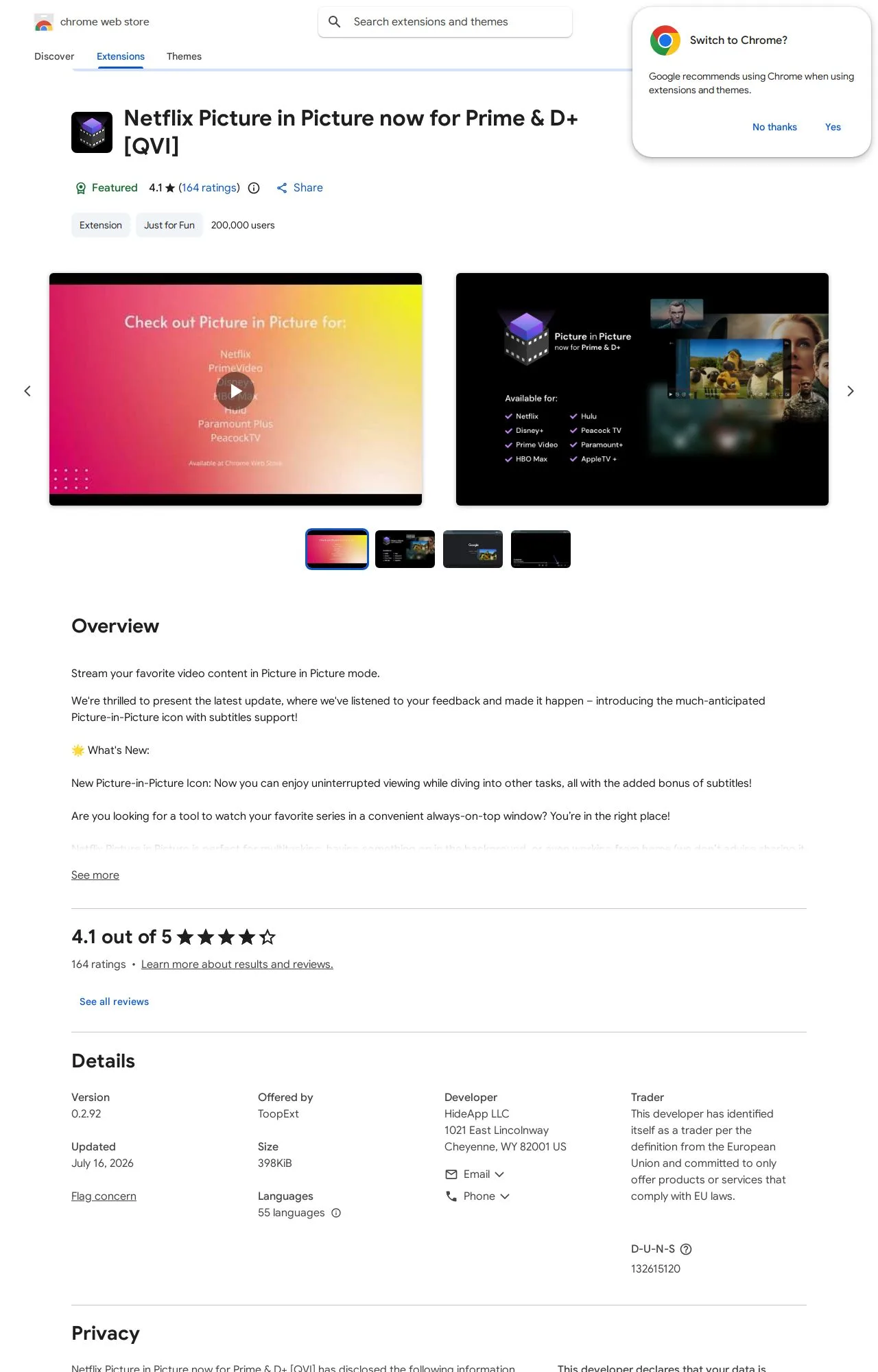 Netflix Picture in Picture now for Prime & D+ [QVI] listing on the Chrome Web Store
