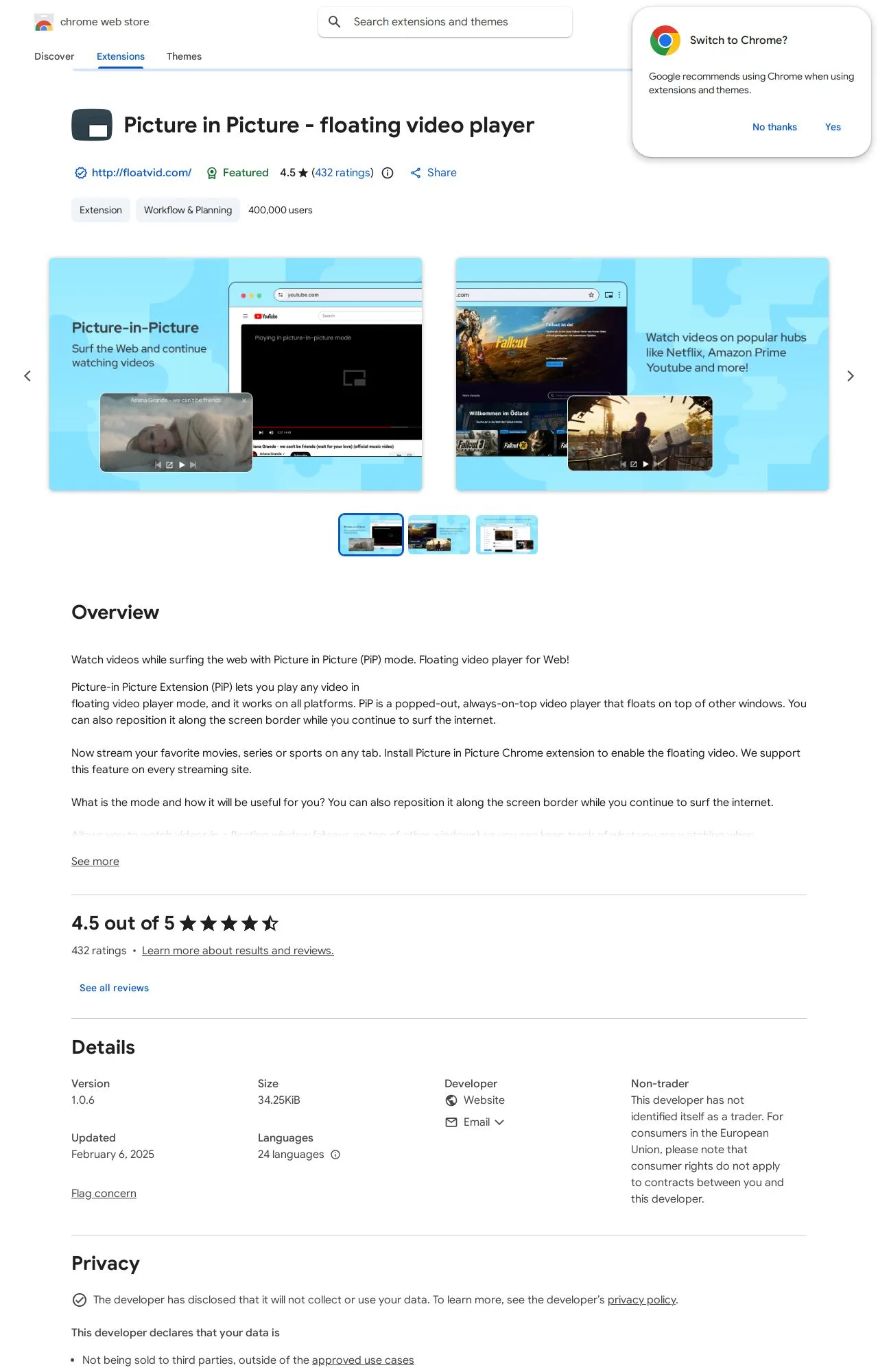 Picture in Picture - floating video player listing on the Chrome Web Store