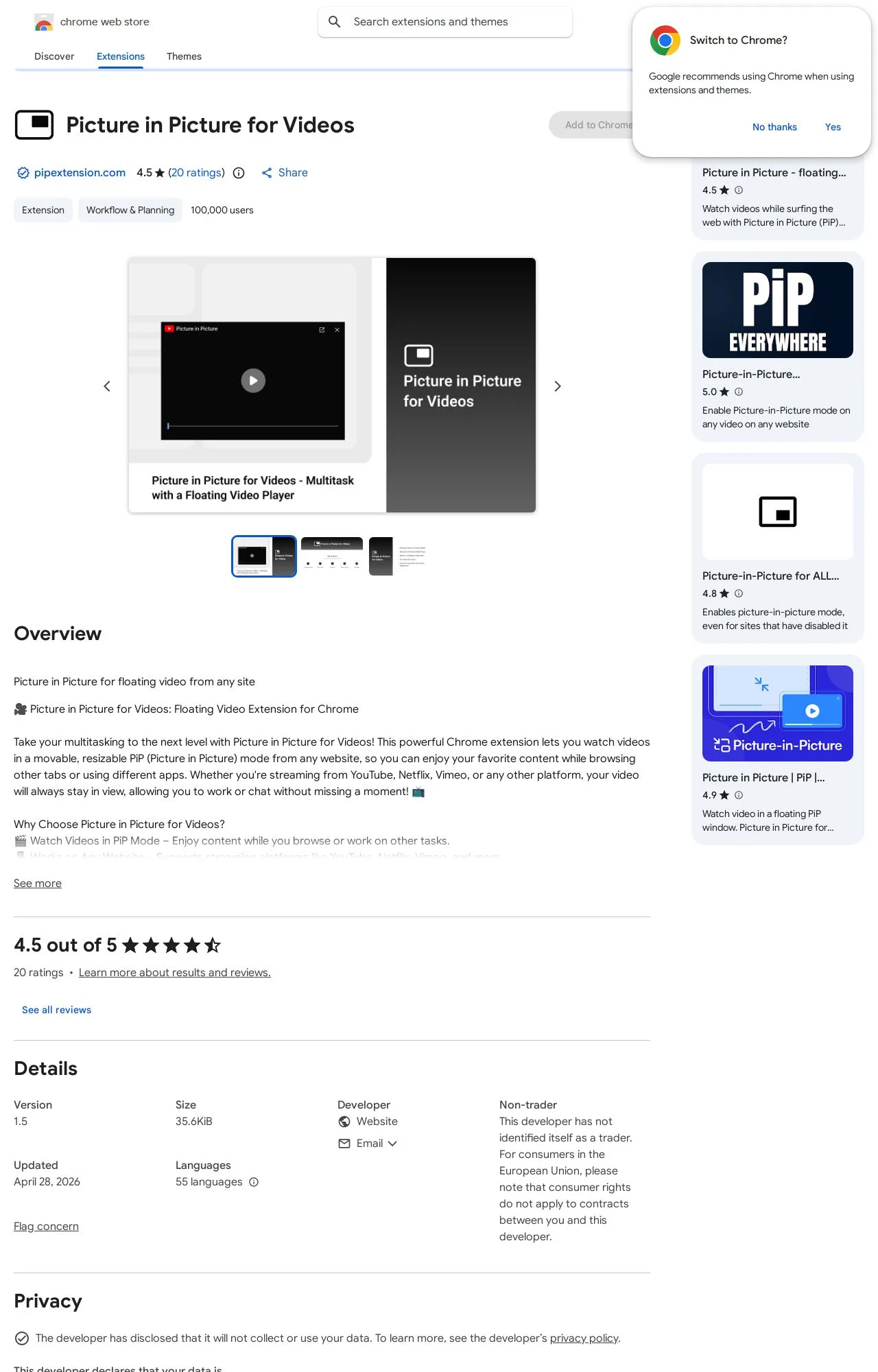 Picture in Picture for Videos listing on the Chrome Web Store