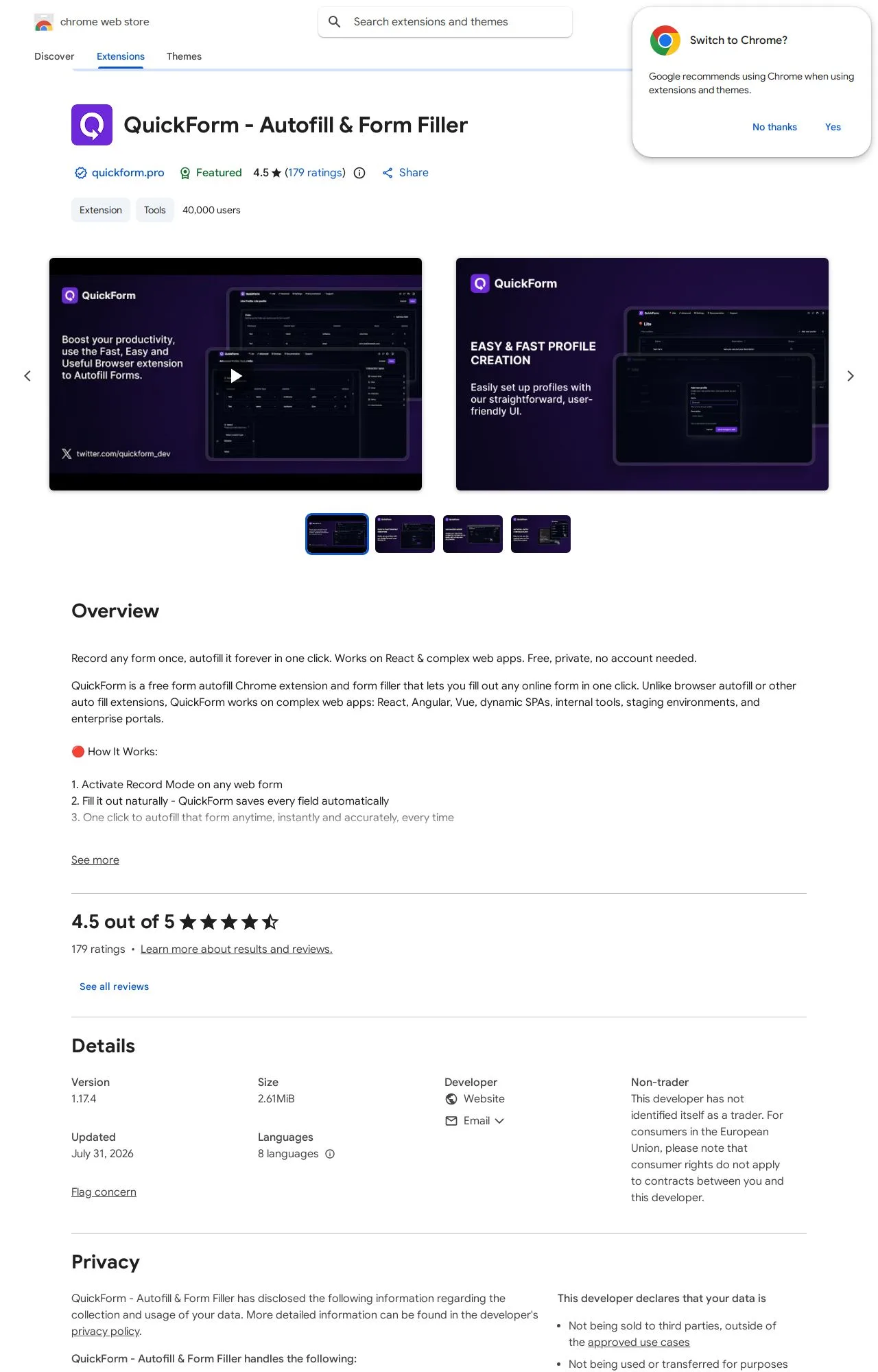 QuickForm - Autofill & Form Filler listing on the Chrome Web Store