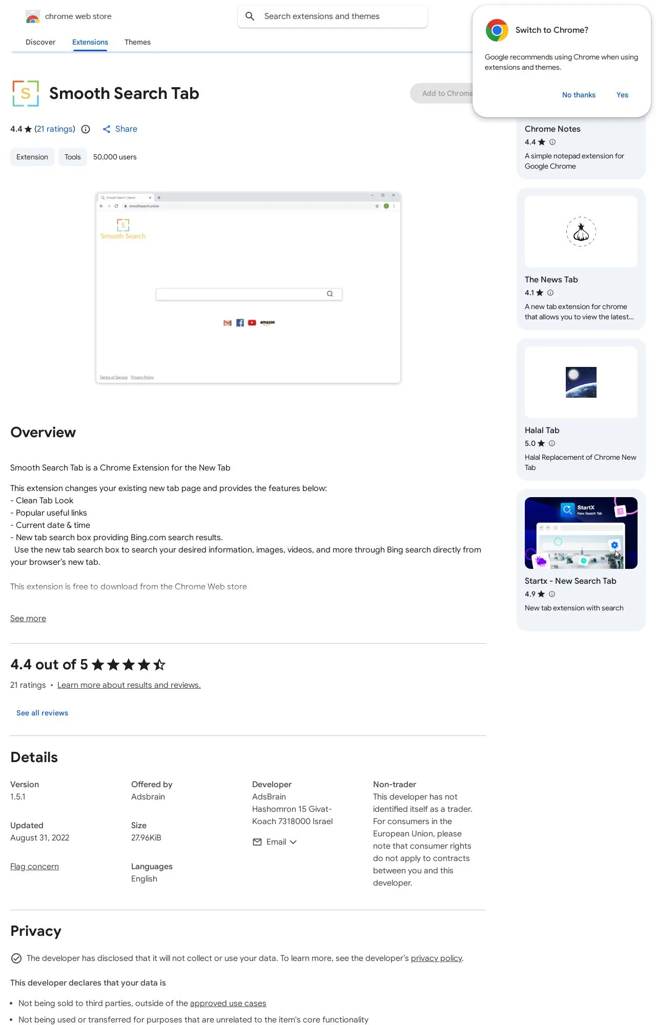 Smooth Search Tab listing on the Chrome Web Store