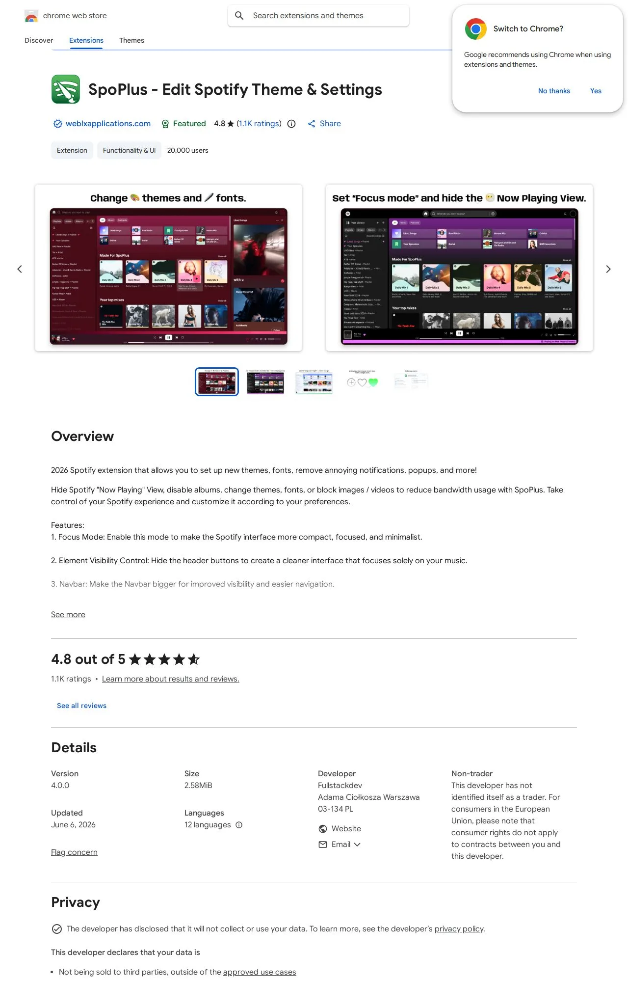 SpoPlus - Edit Spotify Theme & Settings listing on the Chrome Web Store