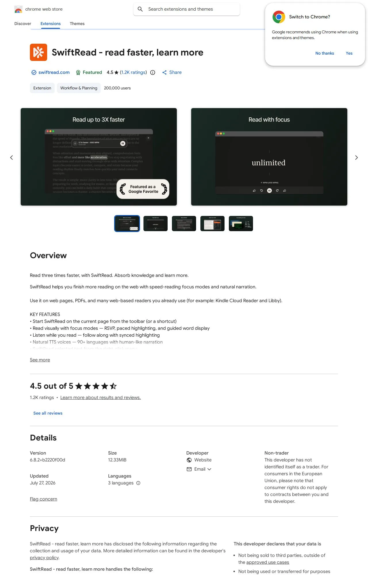 SwiftRead - read faster, learn more listing on the Chrome Web Store