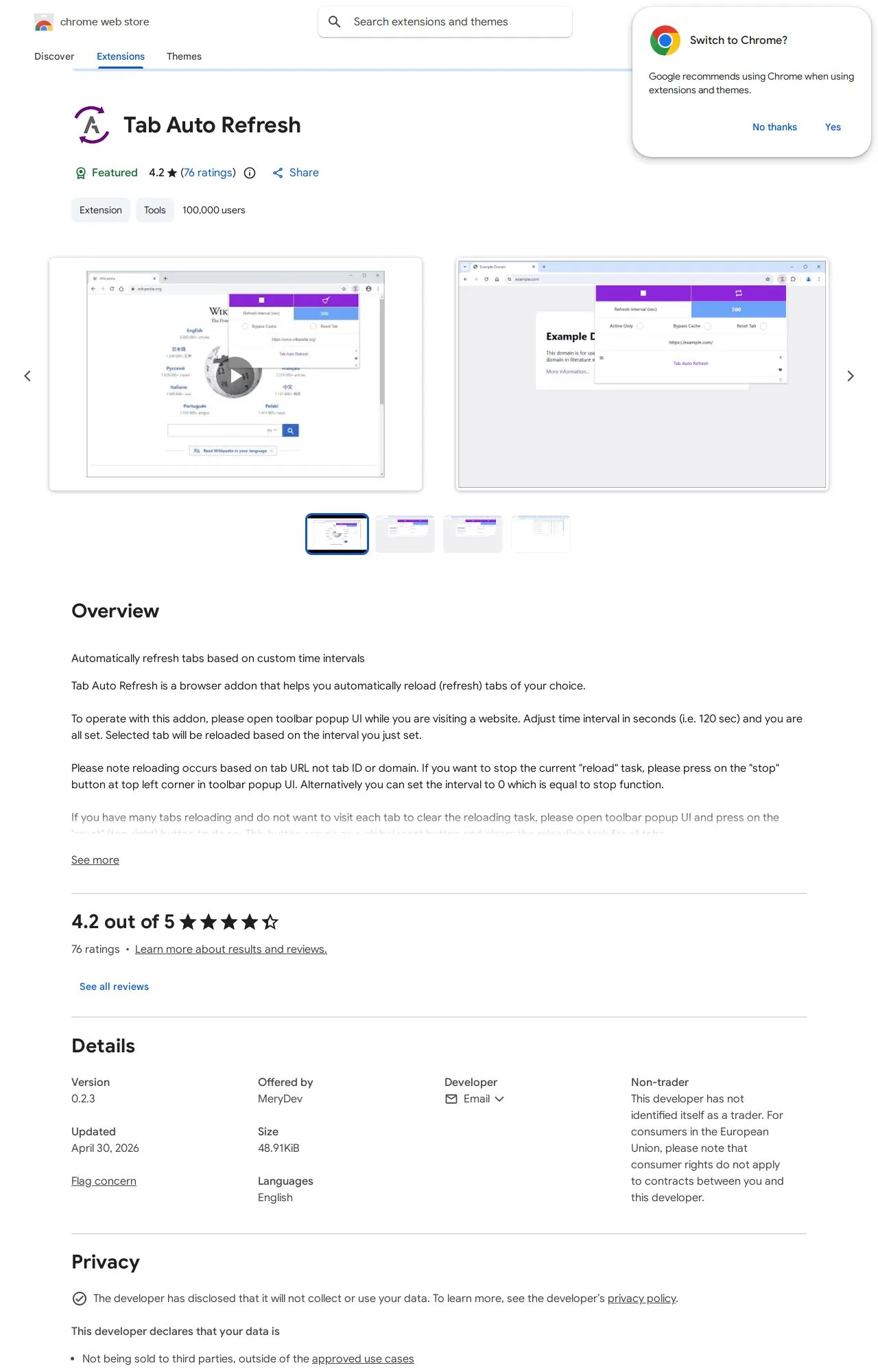 Tab Auto Refresh listing on the Chrome Web Store