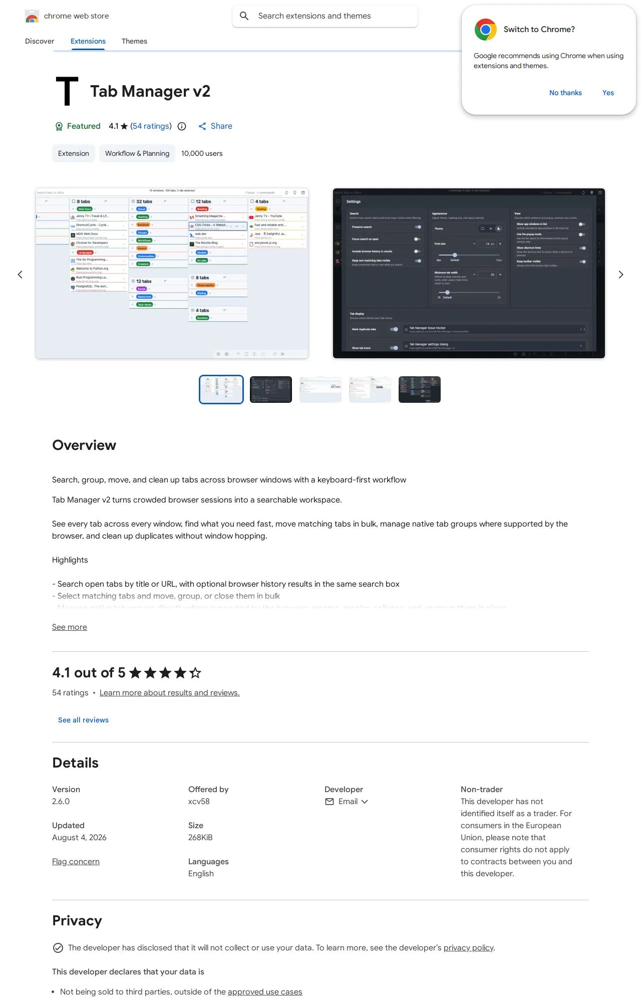 Tab Manager v2 listing on the Chrome Web Store