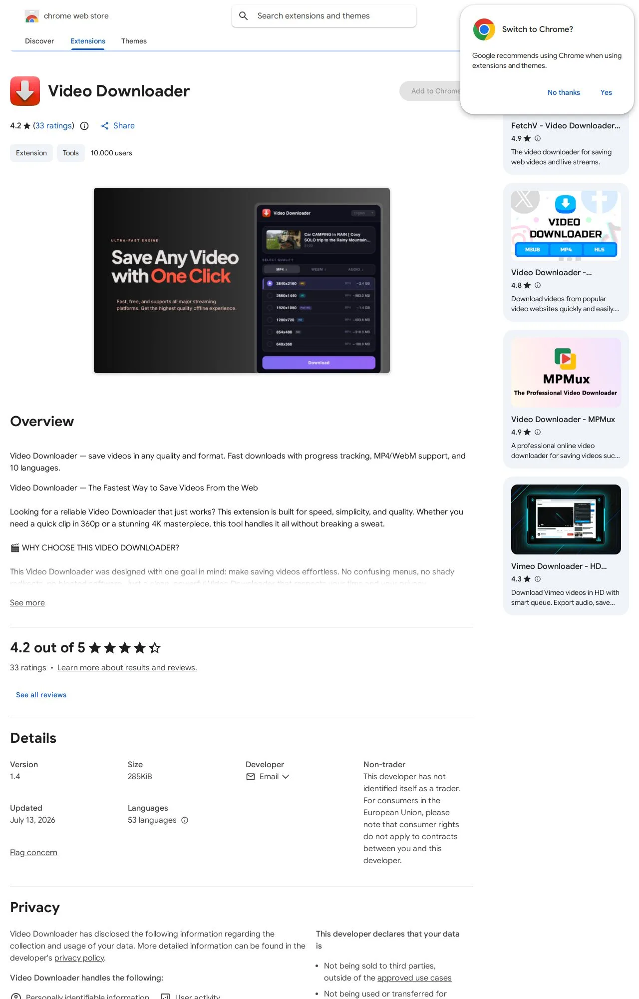 Video Downloader listing on the Chrome Web Store