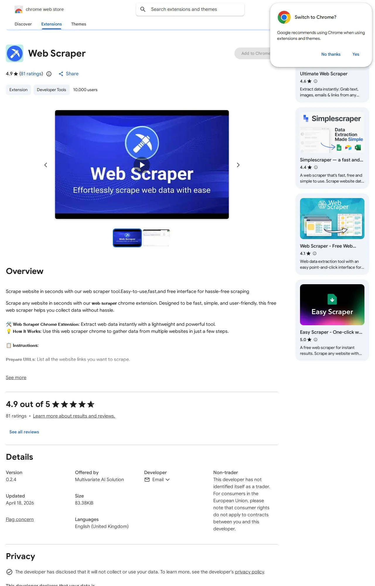Web Scraper listing on the Chrome Web Store