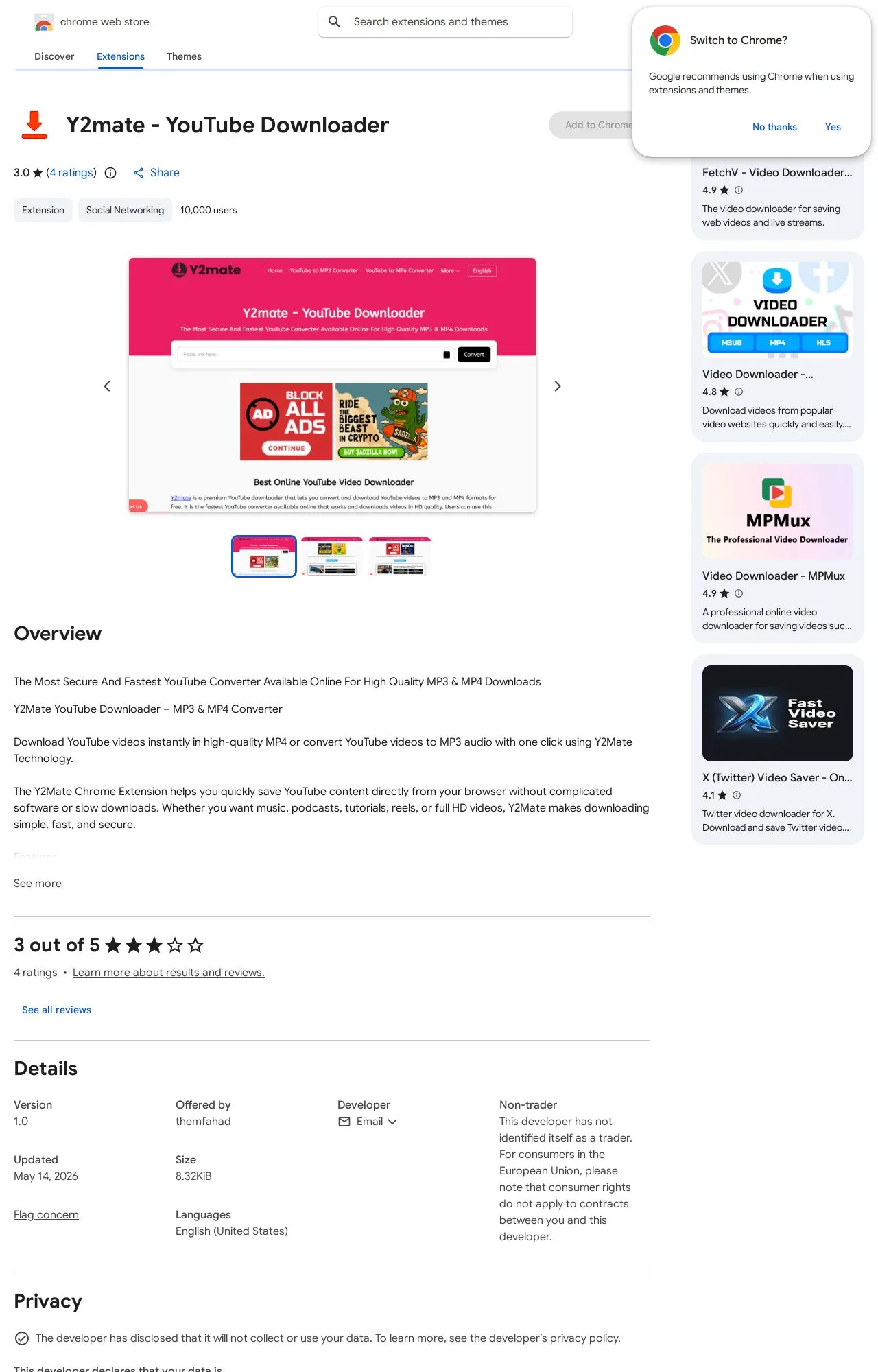 Y2mate - YouTube Downloader listing on the Chrome Web Store