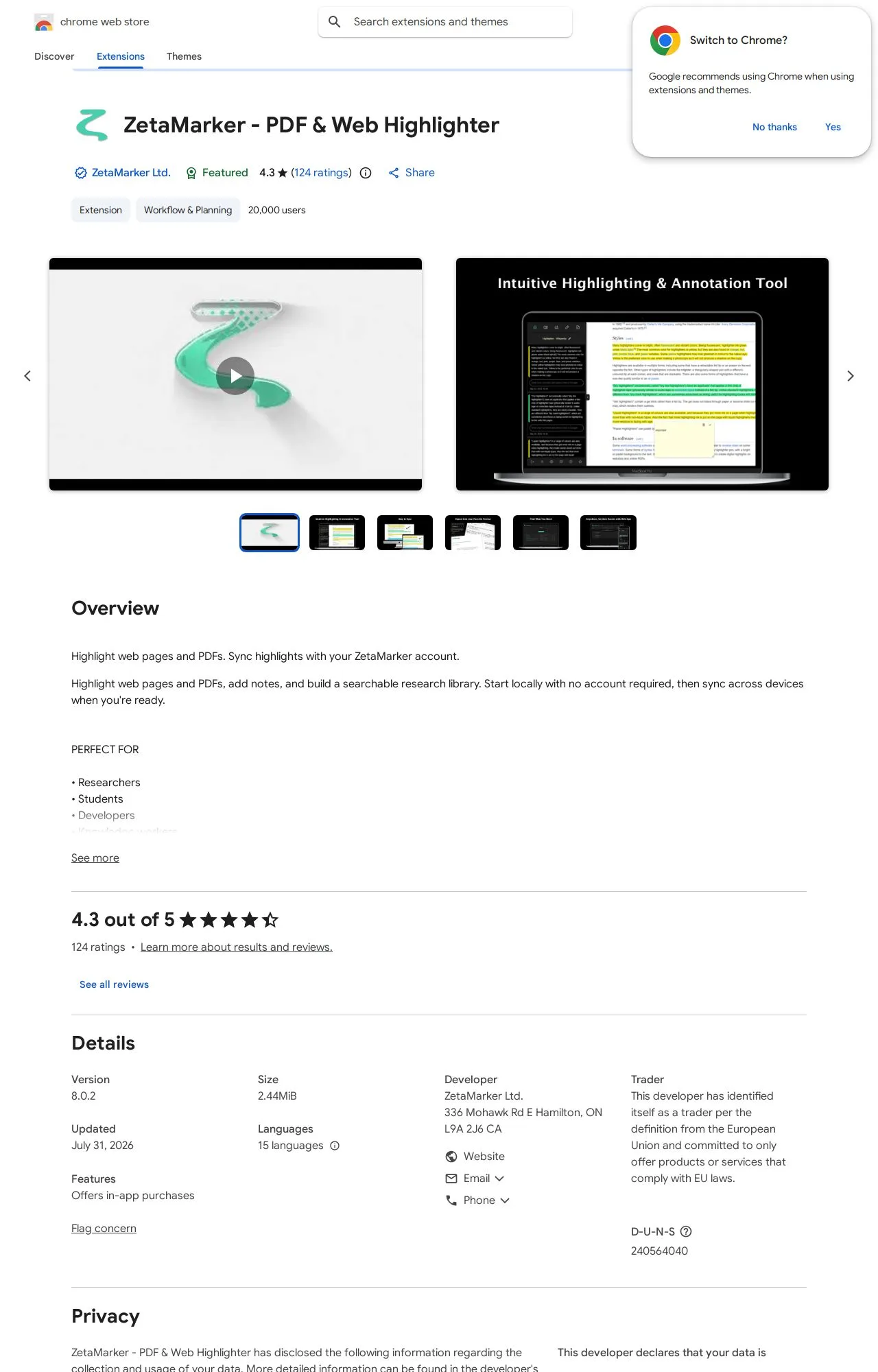 ZetaMarker - PDF & Web Highlighter listing on the Chrome Web Store