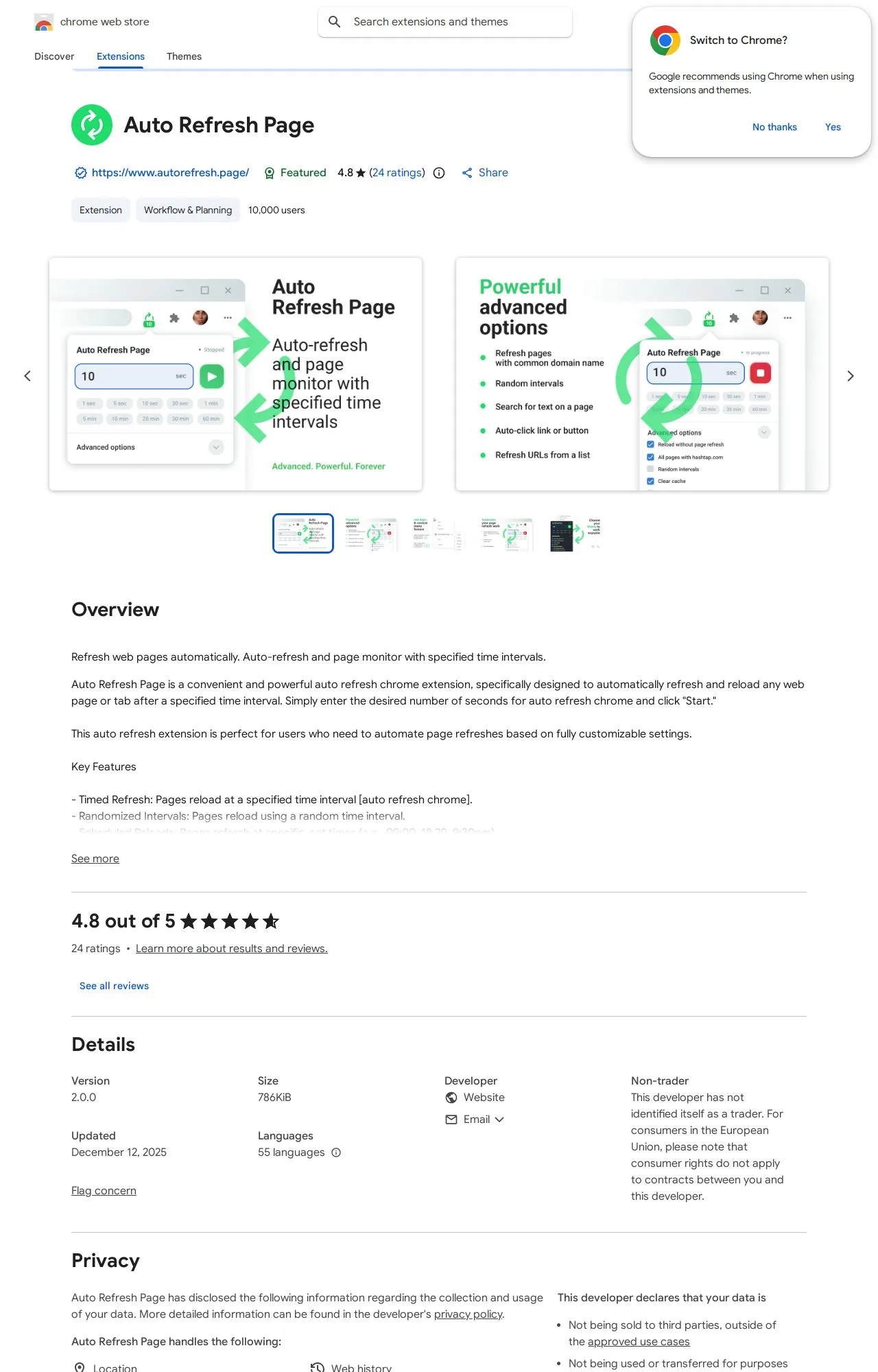 Auto Refresh Page listing on the Chrome Web Store