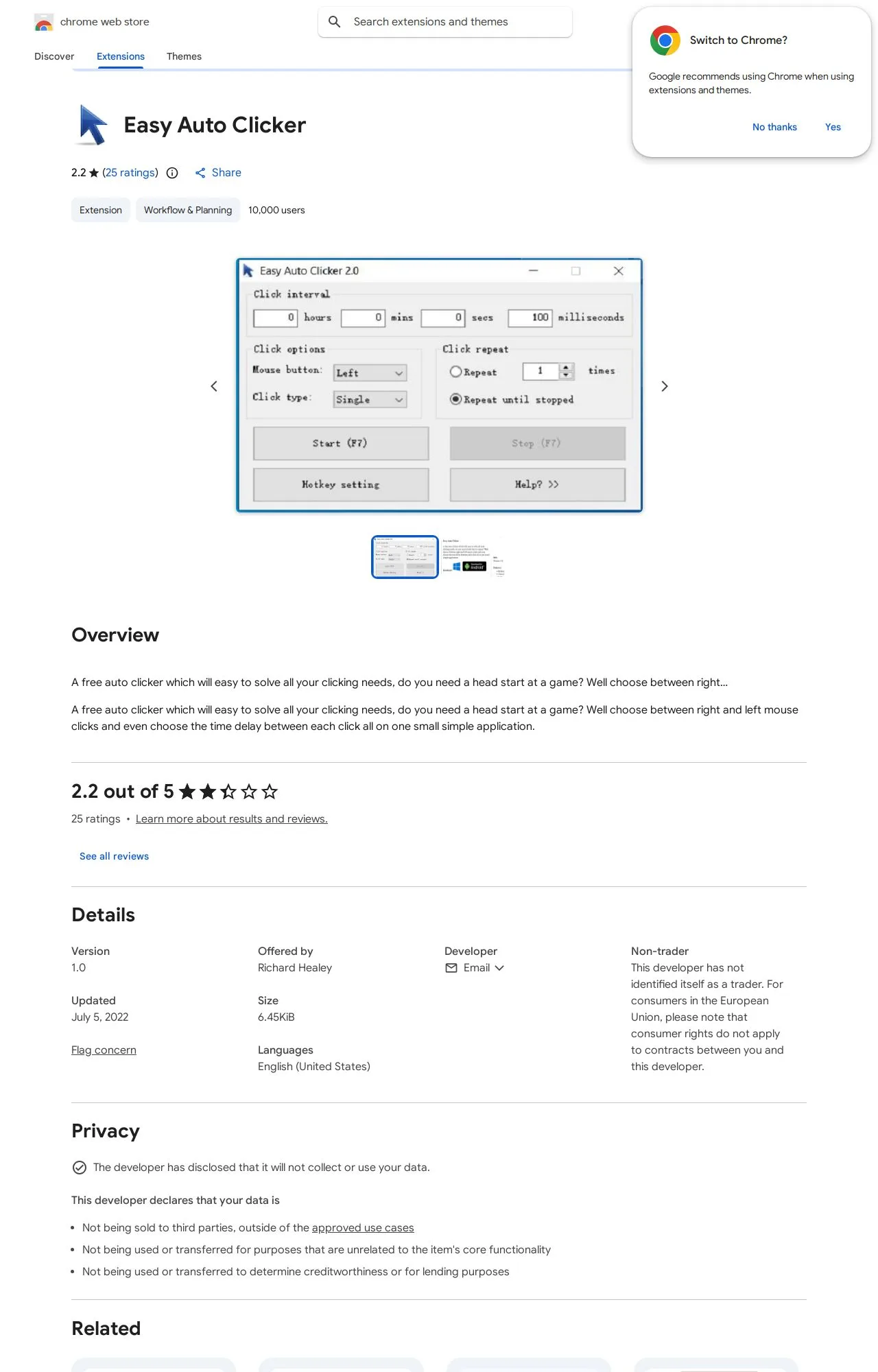 Easy Auto Clicker listing on the Chrome Web Store