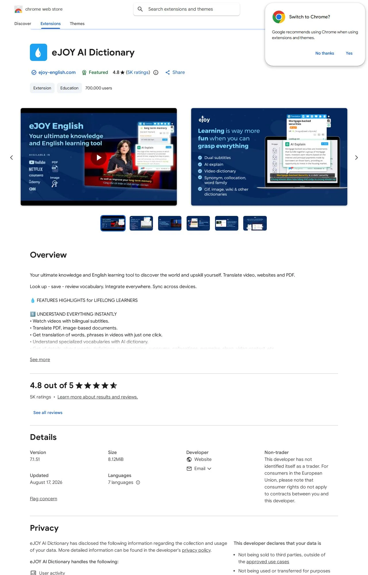 eJOY AI Dictionary listing on the Chrome Web Store