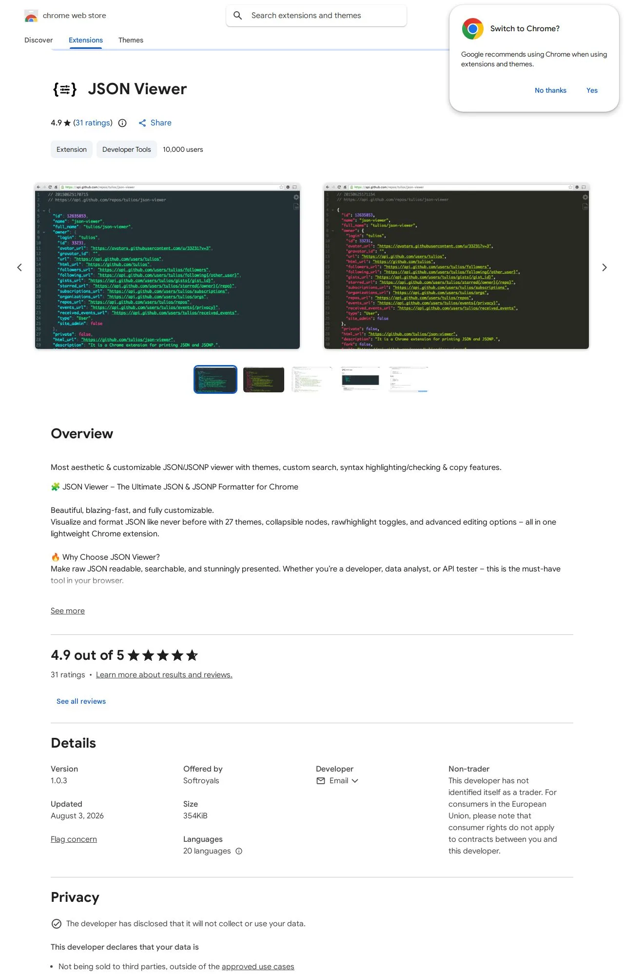 JSON Viewer listing on the Chrome Web Store